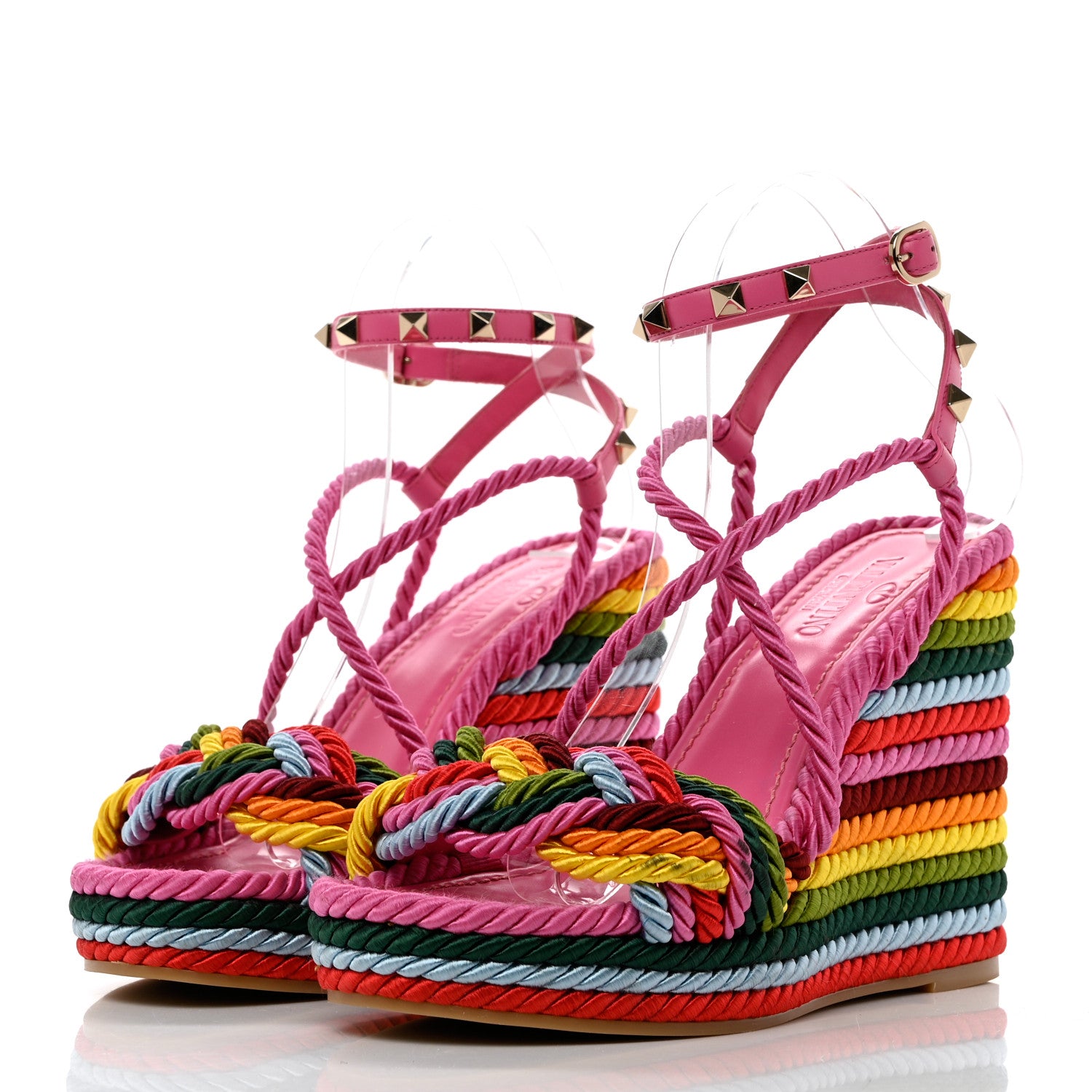 Valentino Garavani Calfskin Rockstud Ankle Strap Torchon Espadrille 25/115mm Wedge Sandals 37 Feminine Pink Multicolor 3 of 11