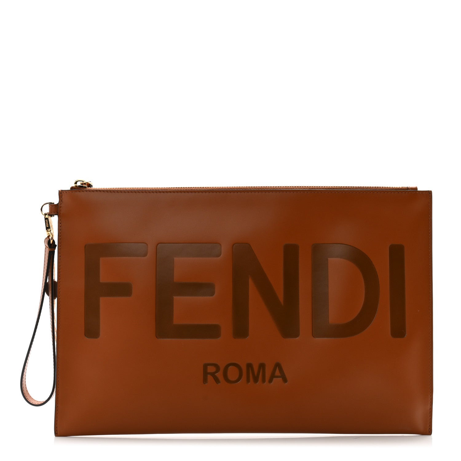 Fendi Vitello King Logo Embossed Large Flat Pouch Cuoio 1 of 7