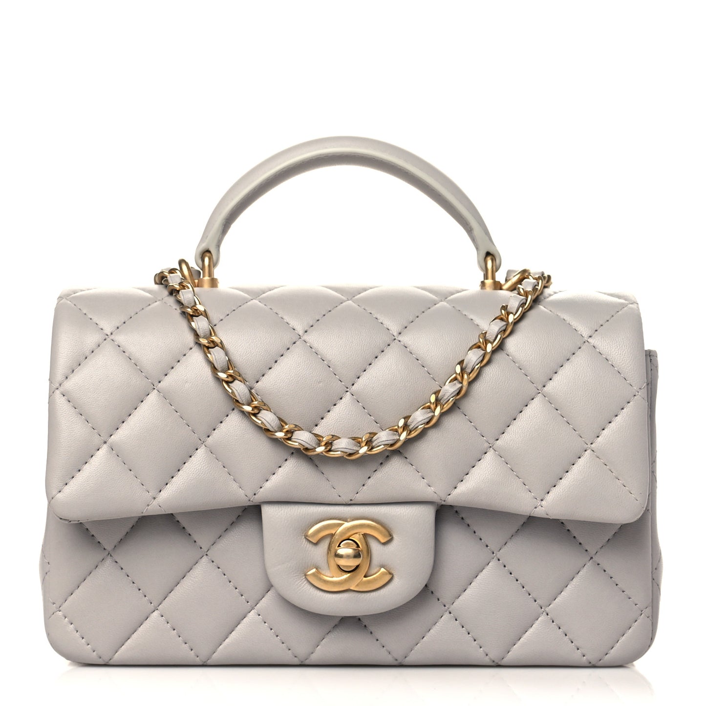 Lambskin Quilted Mini Top Handle Rectangular Flap Grey