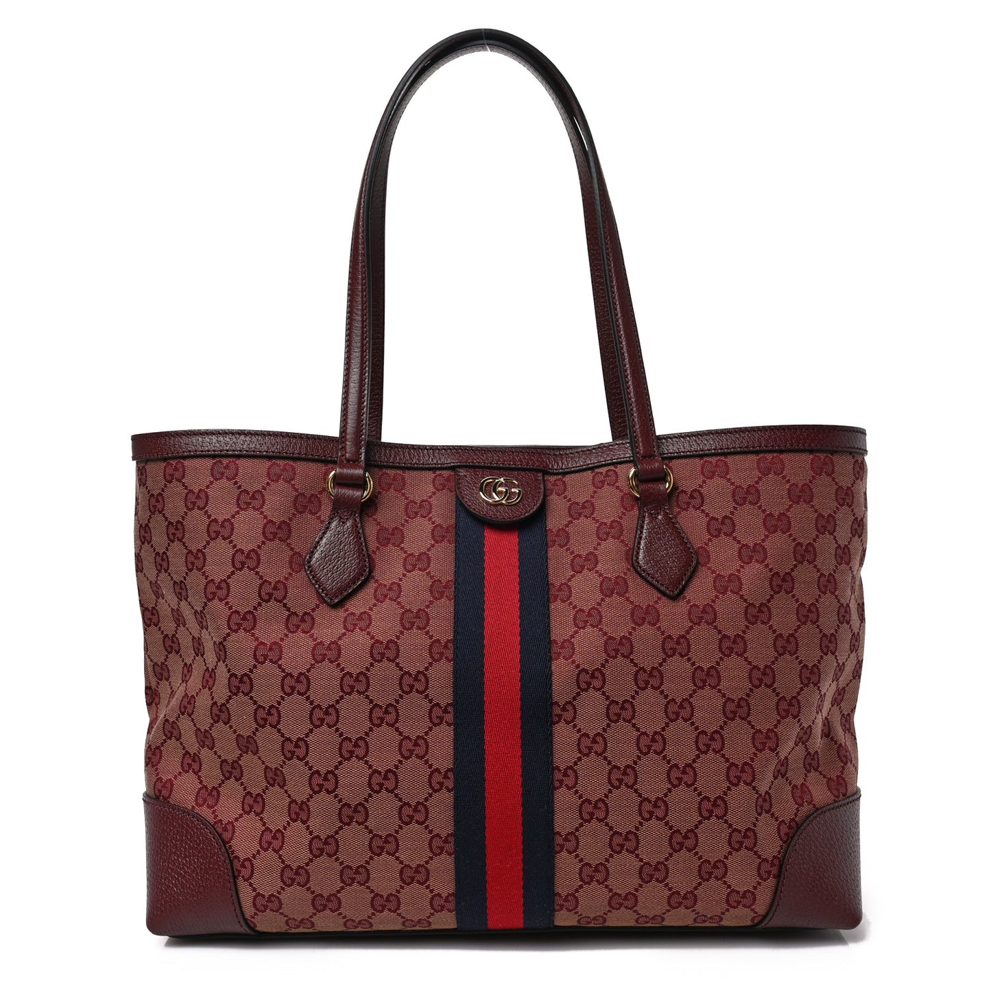 Monogram Textured Dollar Calfskin Web Medium Ophidia Shopping Tote Sahara Rubino Chardonnay