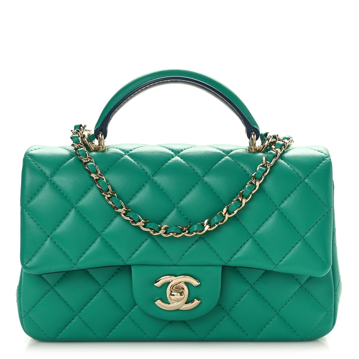 Lambskin Quilted Mini Top Handle Rectangular Flap Green Dark Blue