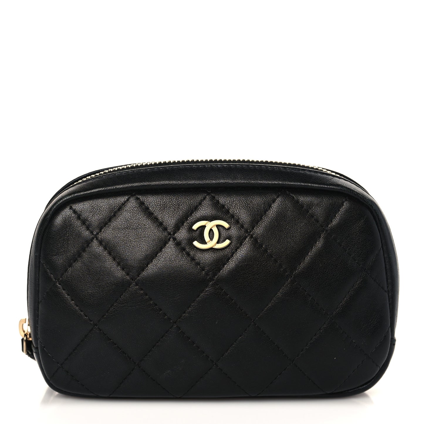 Lambskin Quilted Small Curvy Pouch Cosmetic Case Black