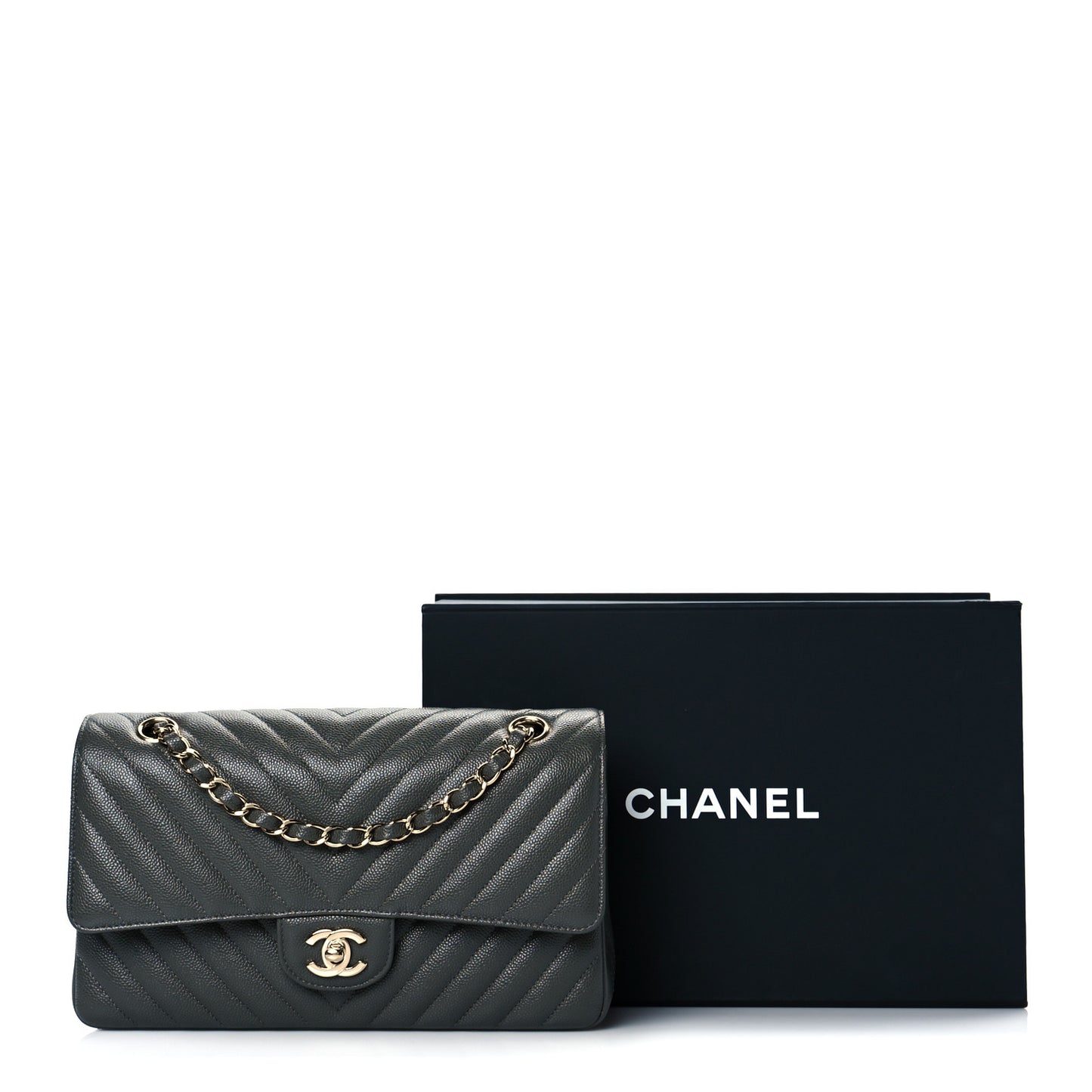 Caviar Chevron Quilted Medium Double Flap Dark Grey