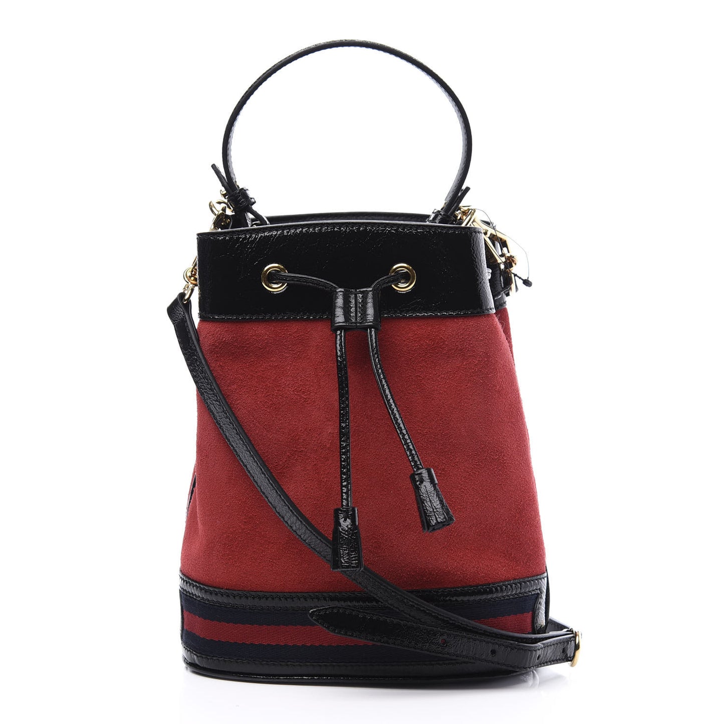 Suede Patent Web Small Ophidia Bucket Bag Hibiscus Red Black