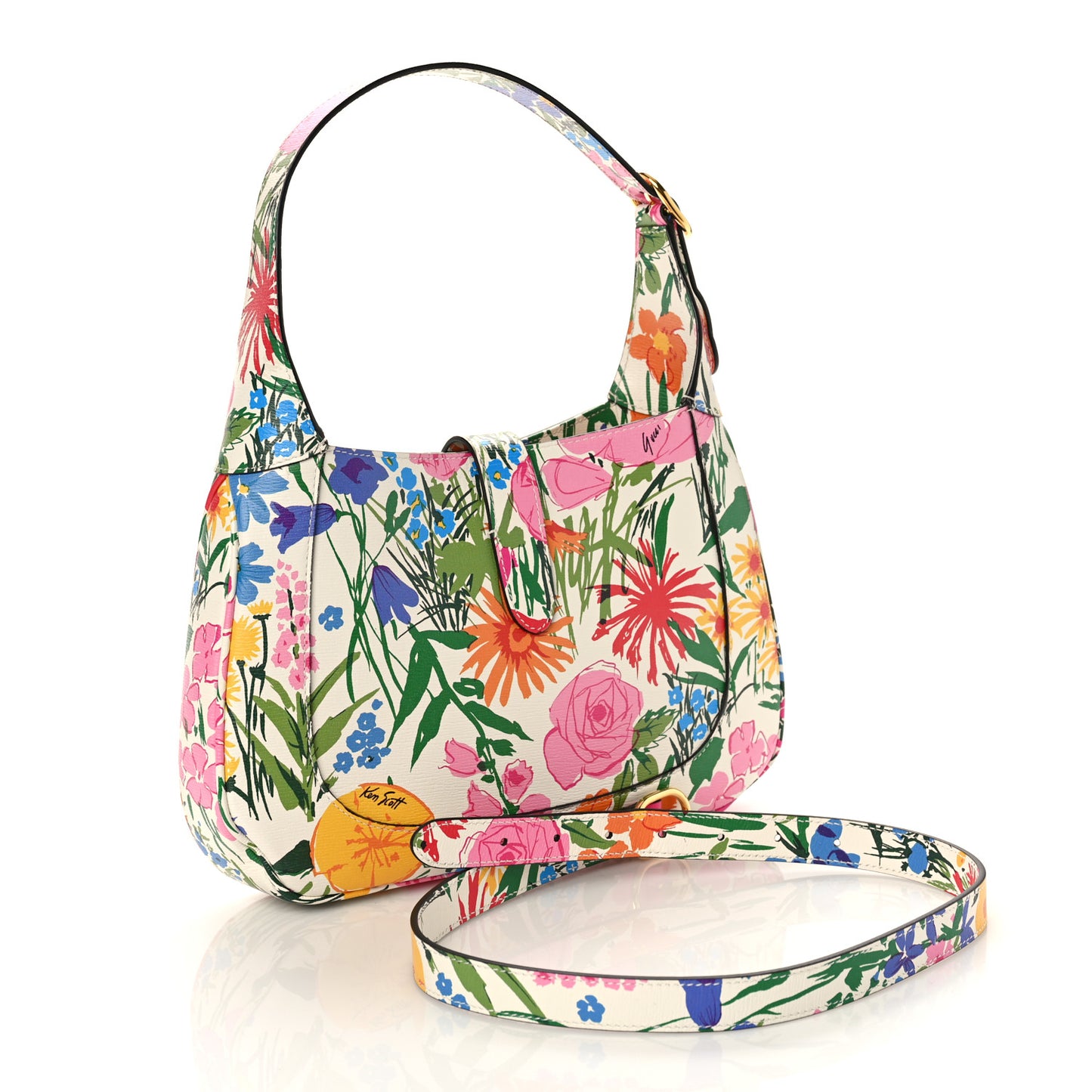 X KEN SCOTT New Shangai Calfskin Jardin D'Avril Floral Print Small Jackie 1961 Hobo Ivory Pink