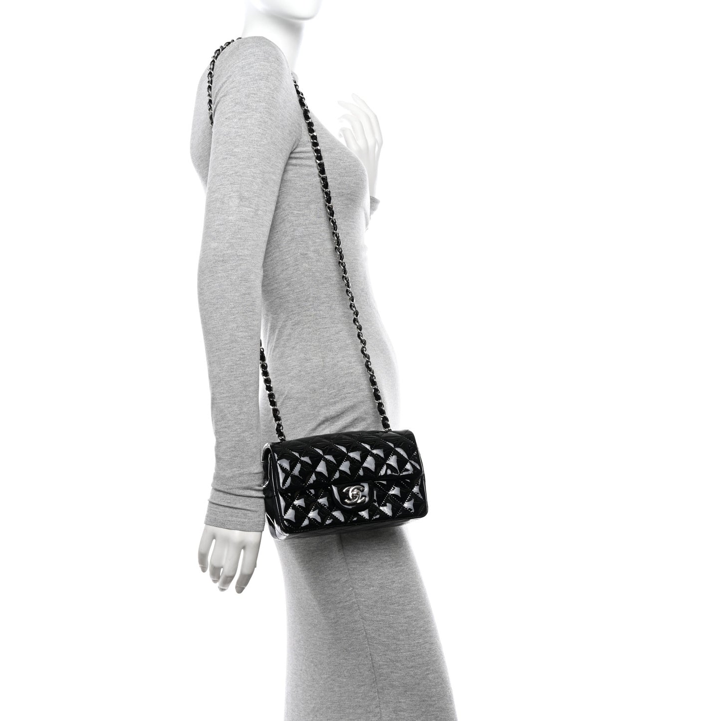 Patent Calfskin Quilted Mini Rectangular Flap Black