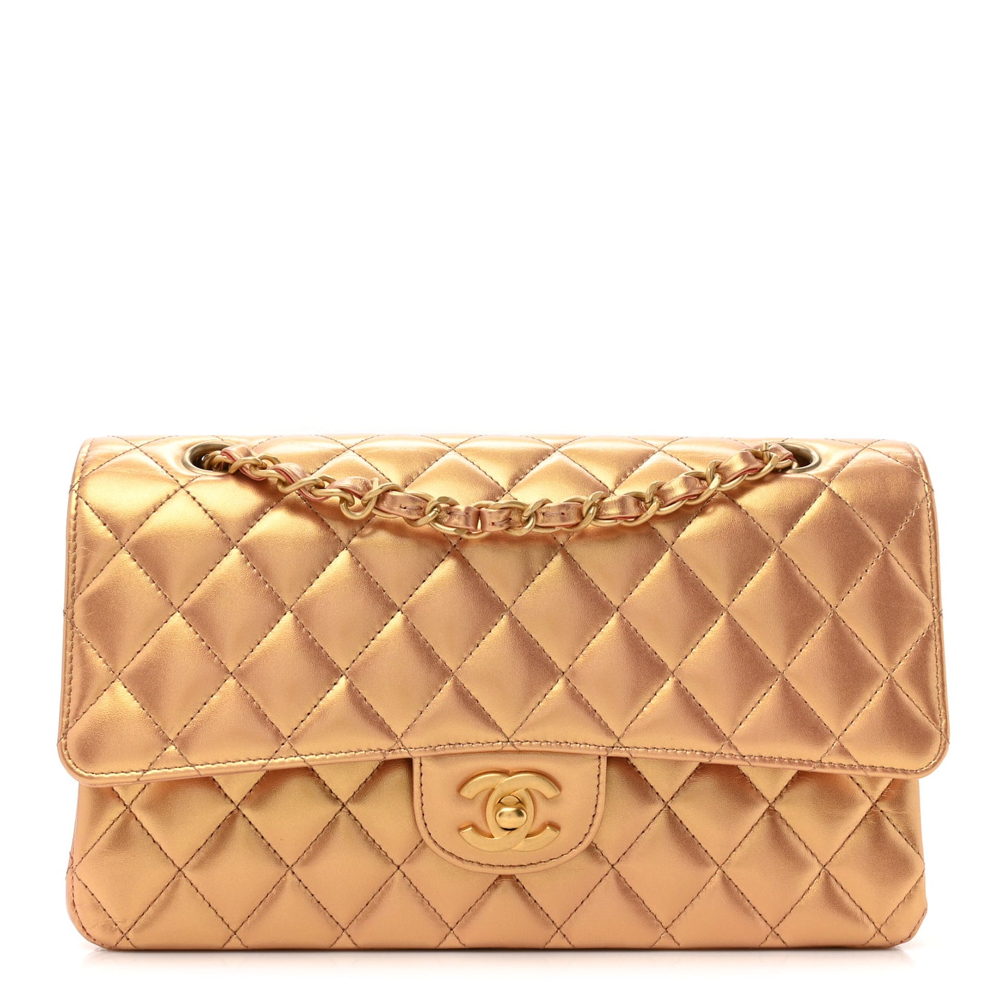 Metallic Lambskin Quilted Medium Double Flap Golden
