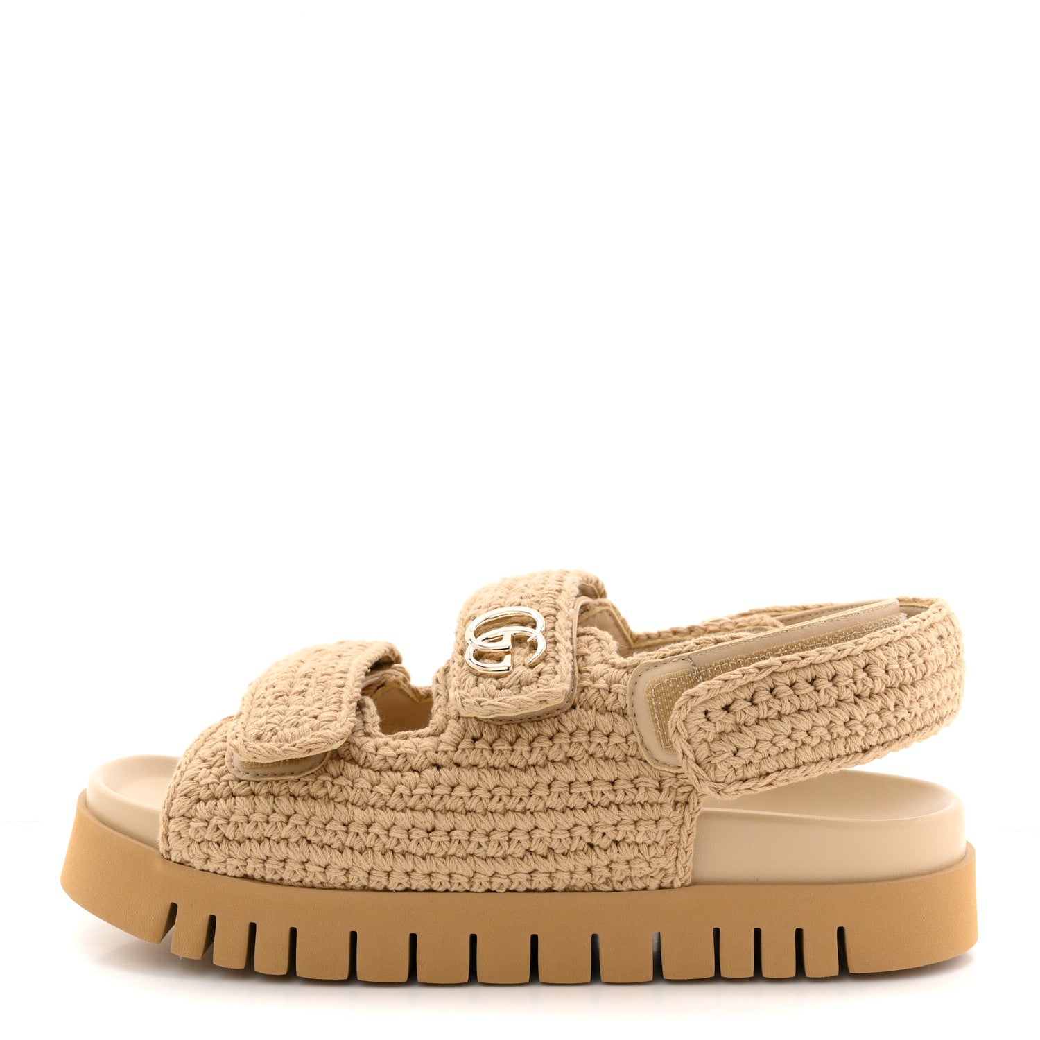Gucci Raffia Cotton Crochet GG Sandals 37 Ecru Sandstorm 1860128