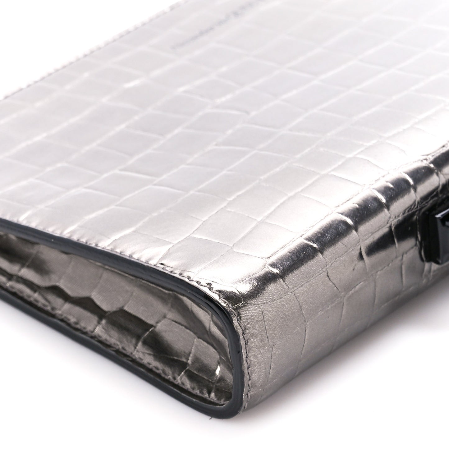 Metallic Calfskin Crocodile Embossed Knuckle Flat Zip Clutch Silver