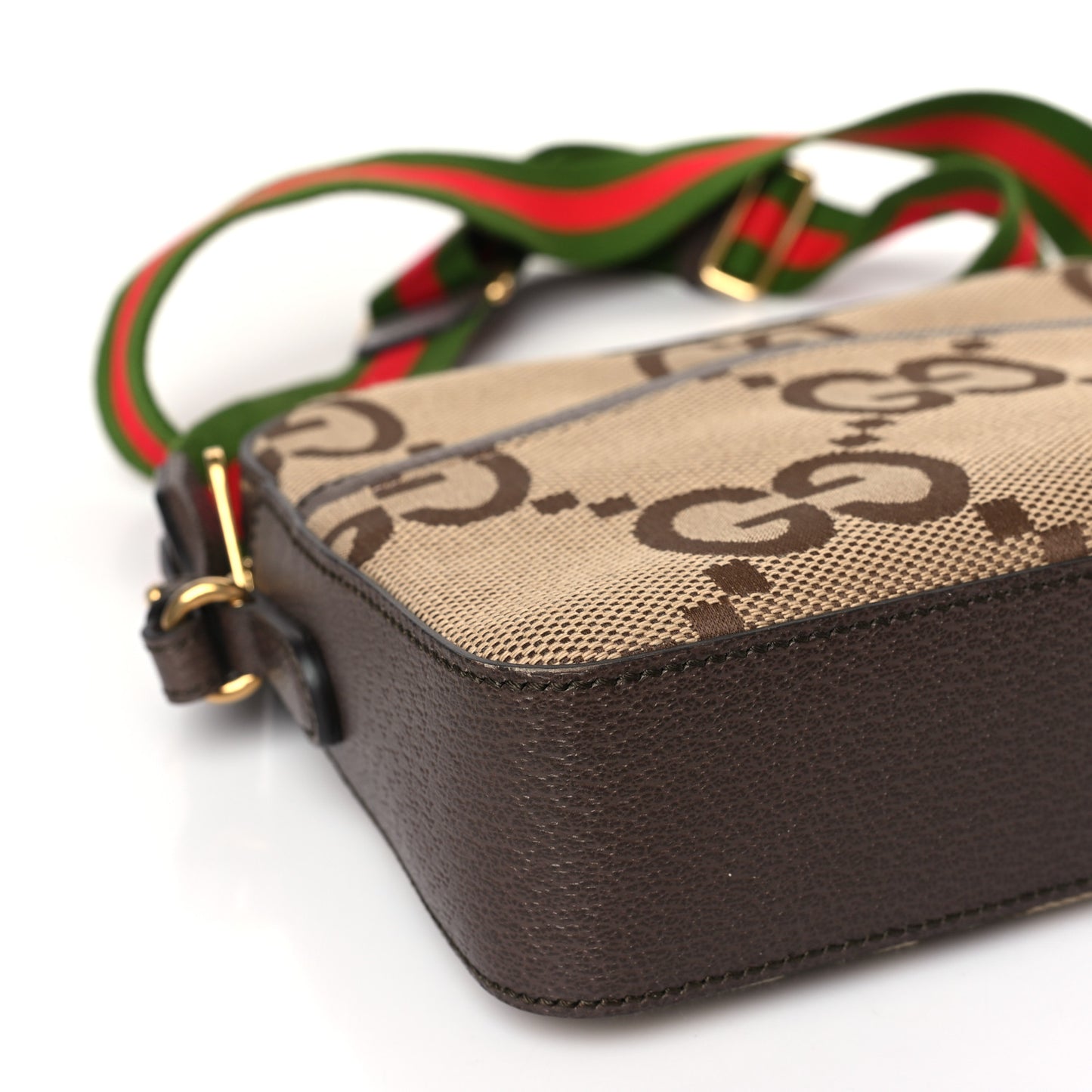 Monogram Jumbo GG Textured Dollar Calfskin Web Messenger Shoulder Bag Camel Ebony New Acero