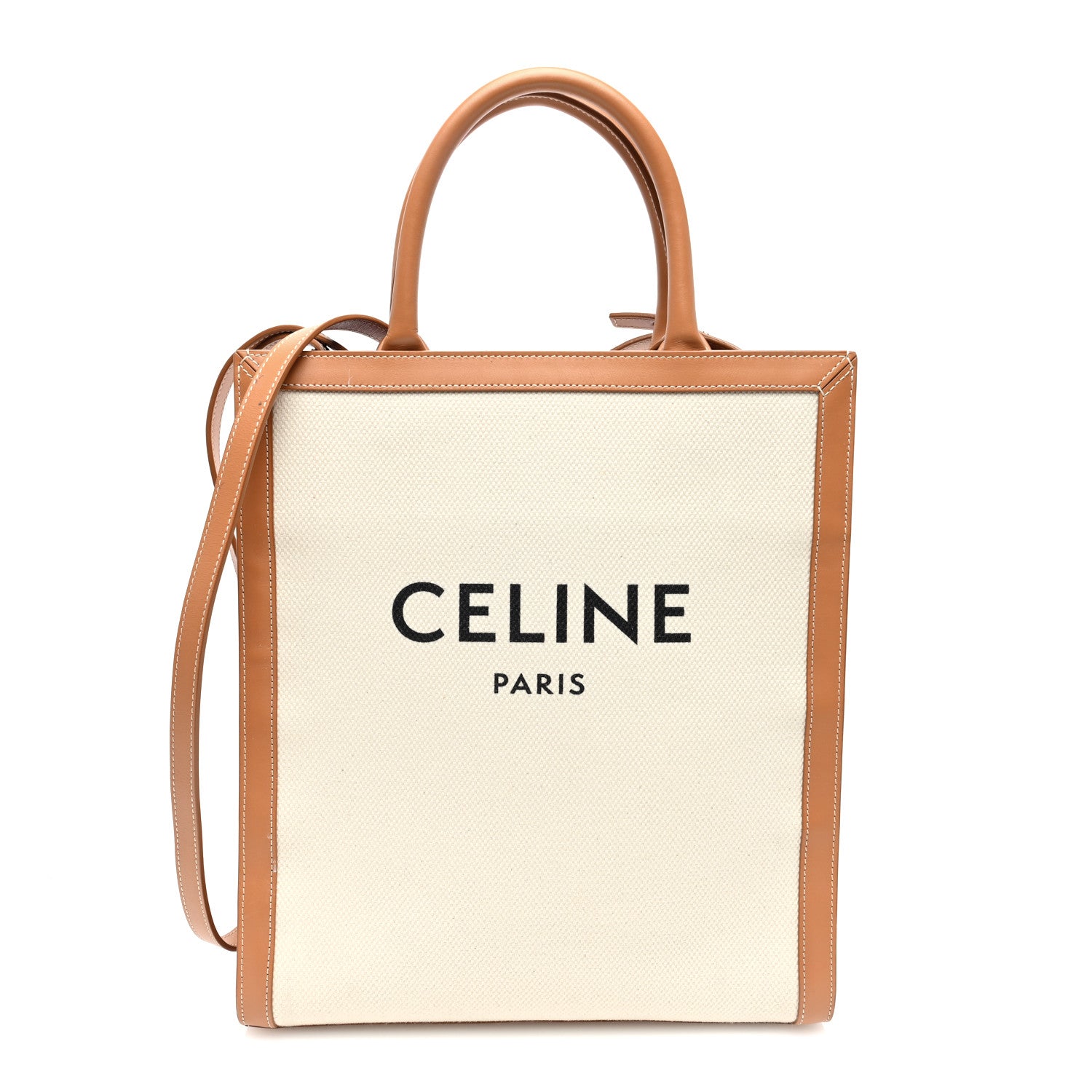 Celine Canvas Calfskin Logo Print Small Vertical Cabas Natural Tan