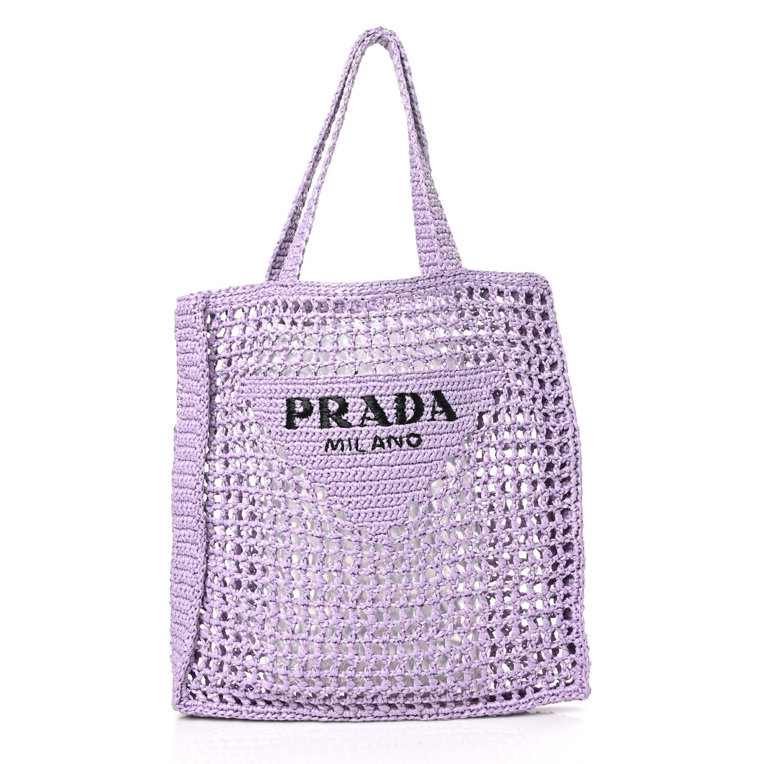 Prada Yarn Raffia Effect Crochet Logo Embroidered Tote Bag Lilium