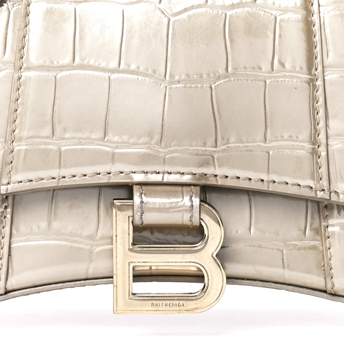Metallic Shiny Calfskin Crocodile Embossed Hourglass Top Handle Bag XS Light Gold