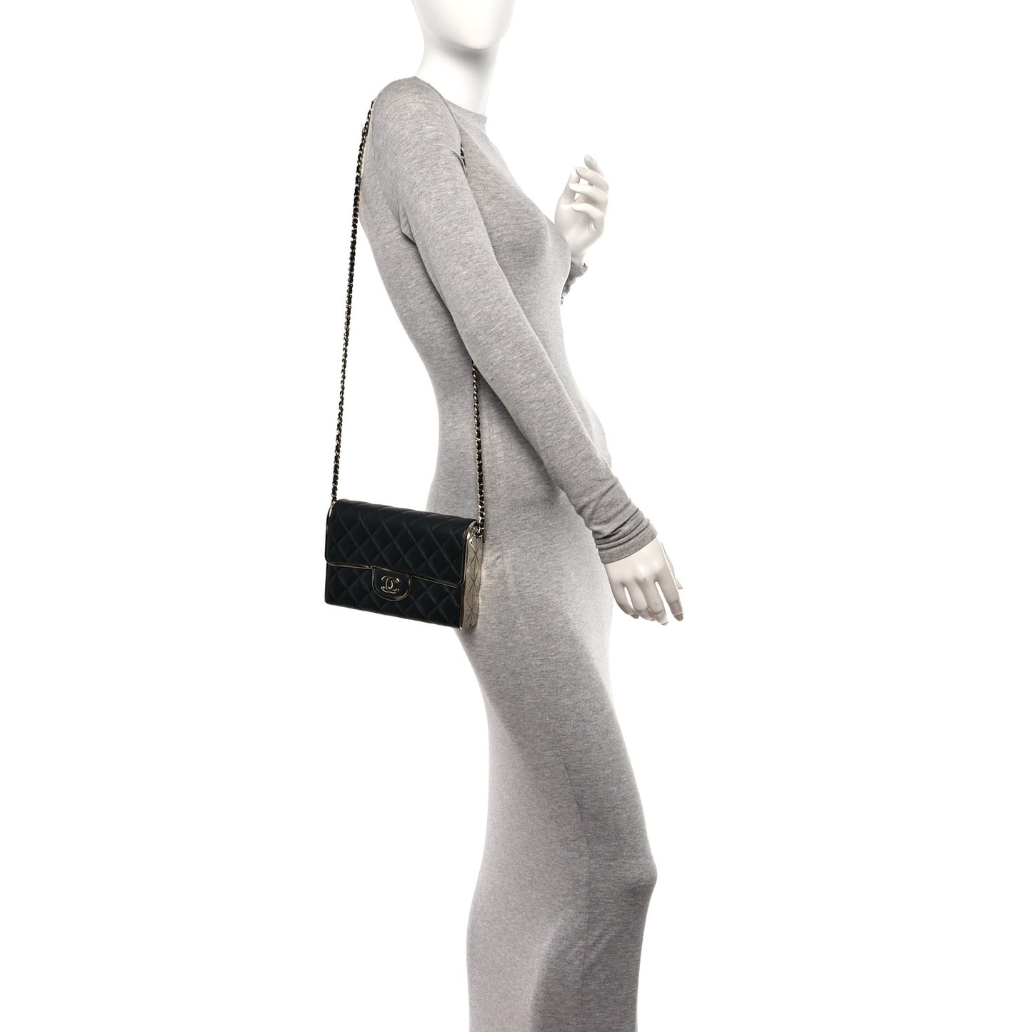 Lambskin Metal Quilted Medium Evening Bag With Chain Black