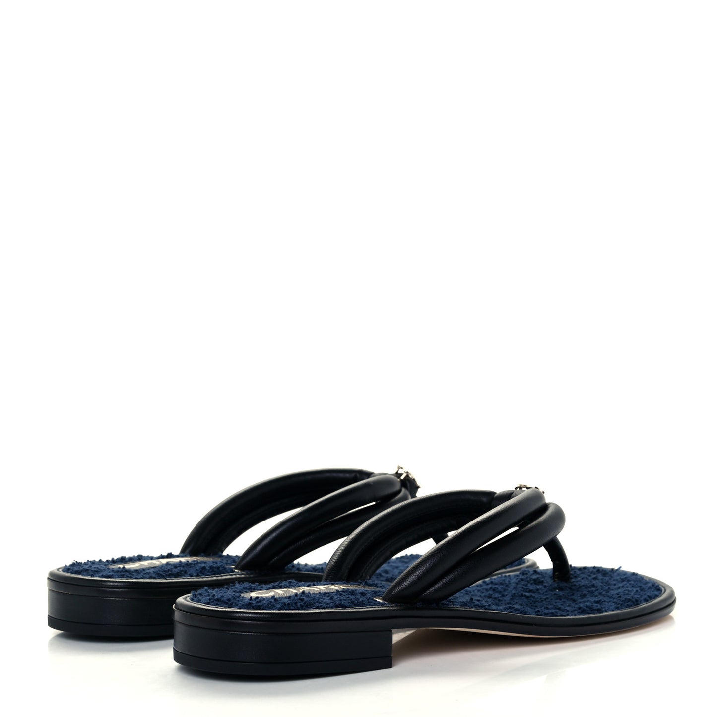 Lambskin Fabric CC Thong Sandals 36.5 Black Dark Navy