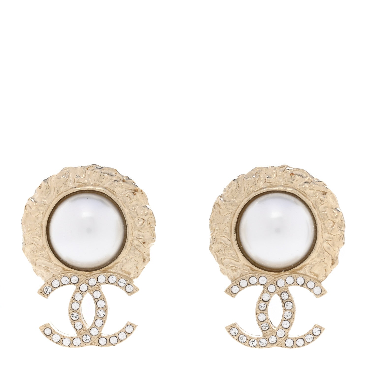 Chanel Crystal Pearl Textured CC Round Drop Earrings Gold 1 of 6