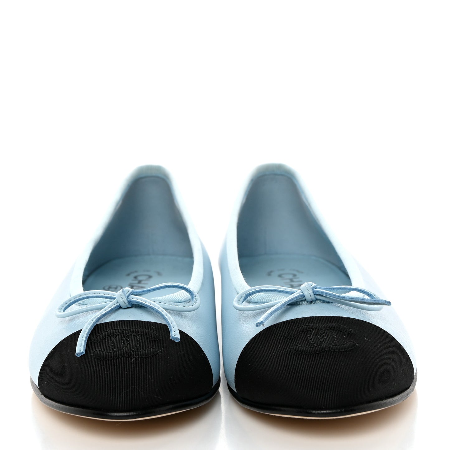 Lambskin Grosgrain Cap Toe CC Ballerina Flats 37.5 Light Blue Black