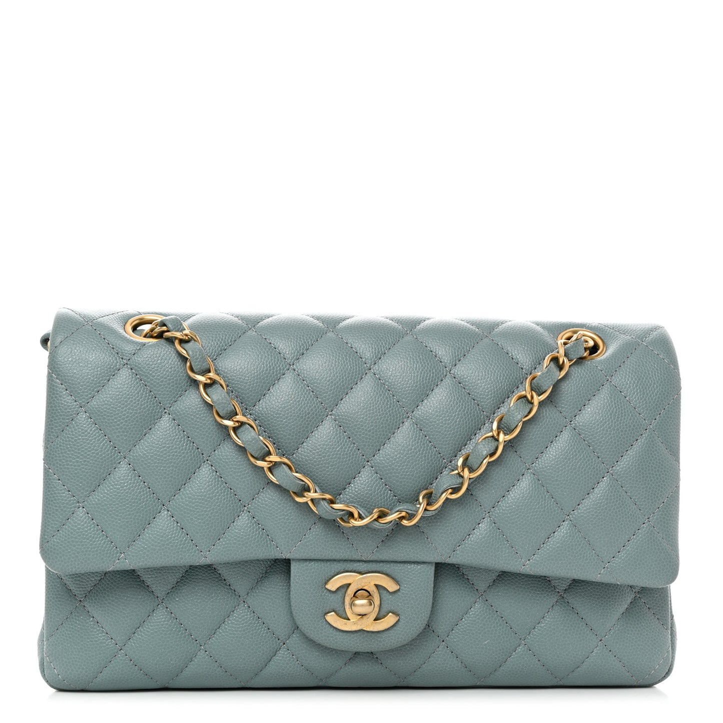 Iridescent Caviar Quilted Medium Double Flap Light Blue