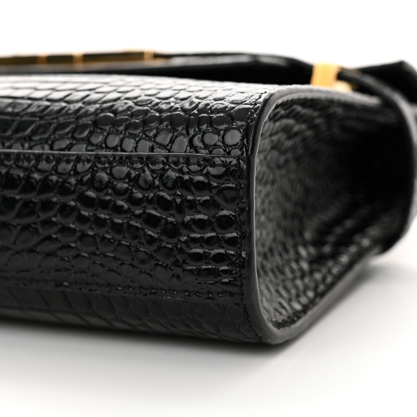 Shiny Calfskin Crocodile Embossed Small Manhattan Baguette Black