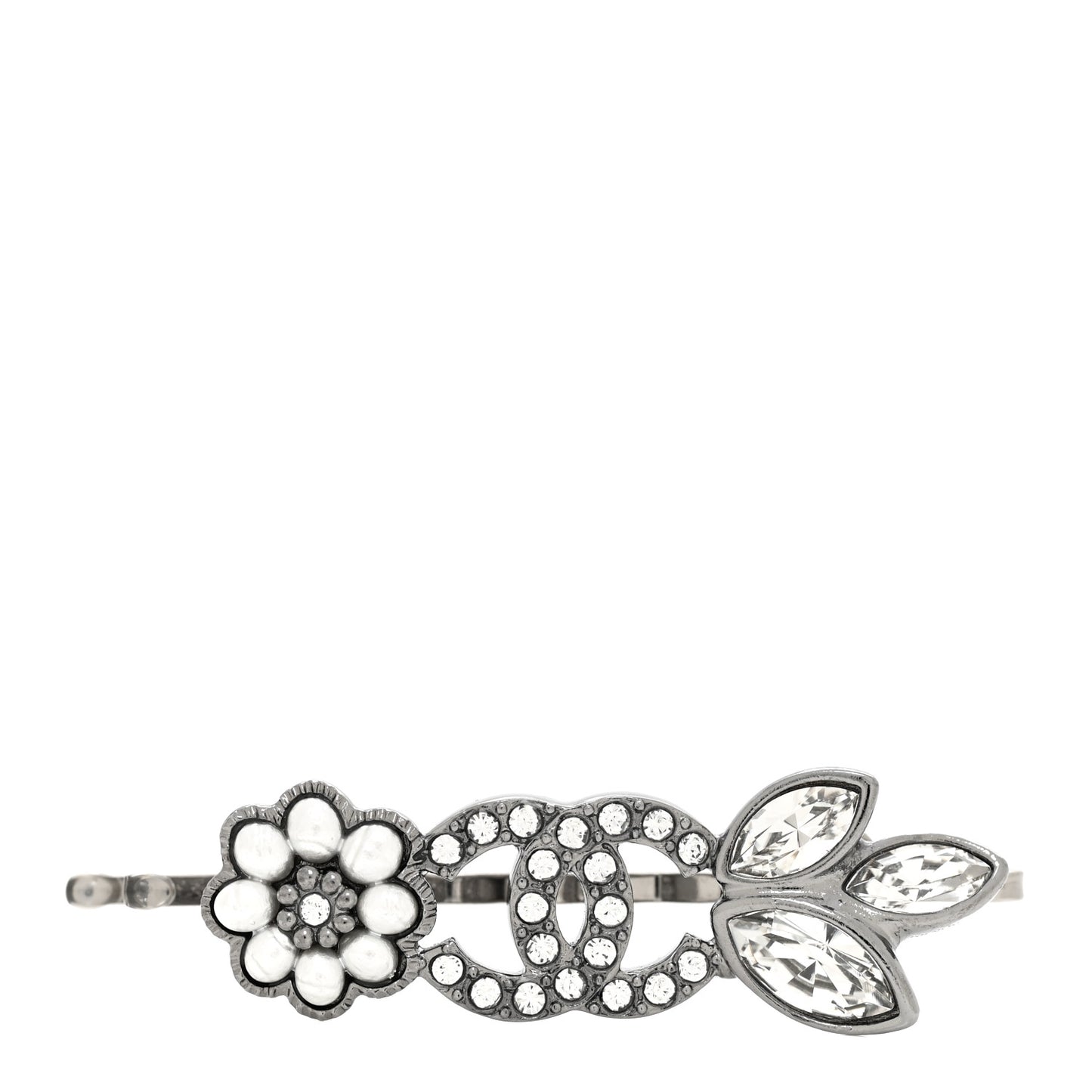 Crystal Pearl CC Flower Hair Clip Barrette Silver
