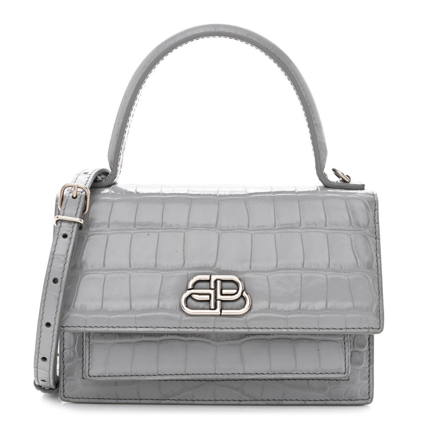 Shiny Calfskin Crocodile Embossed XS Sharp Top Handle Bag Balenciaga Grey