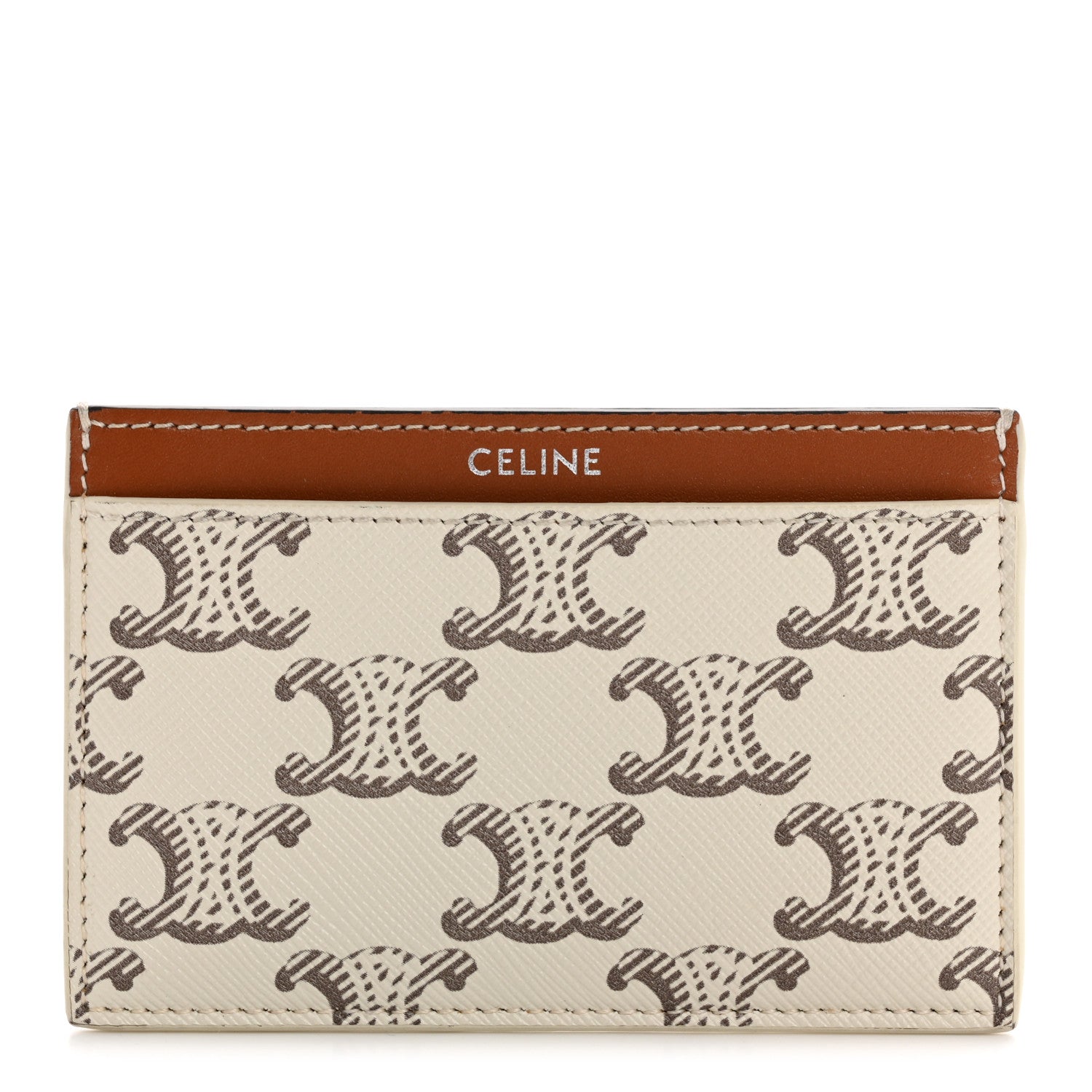 Celine Triomphe Canvas Calfskin Card Holder White Tan 1761852