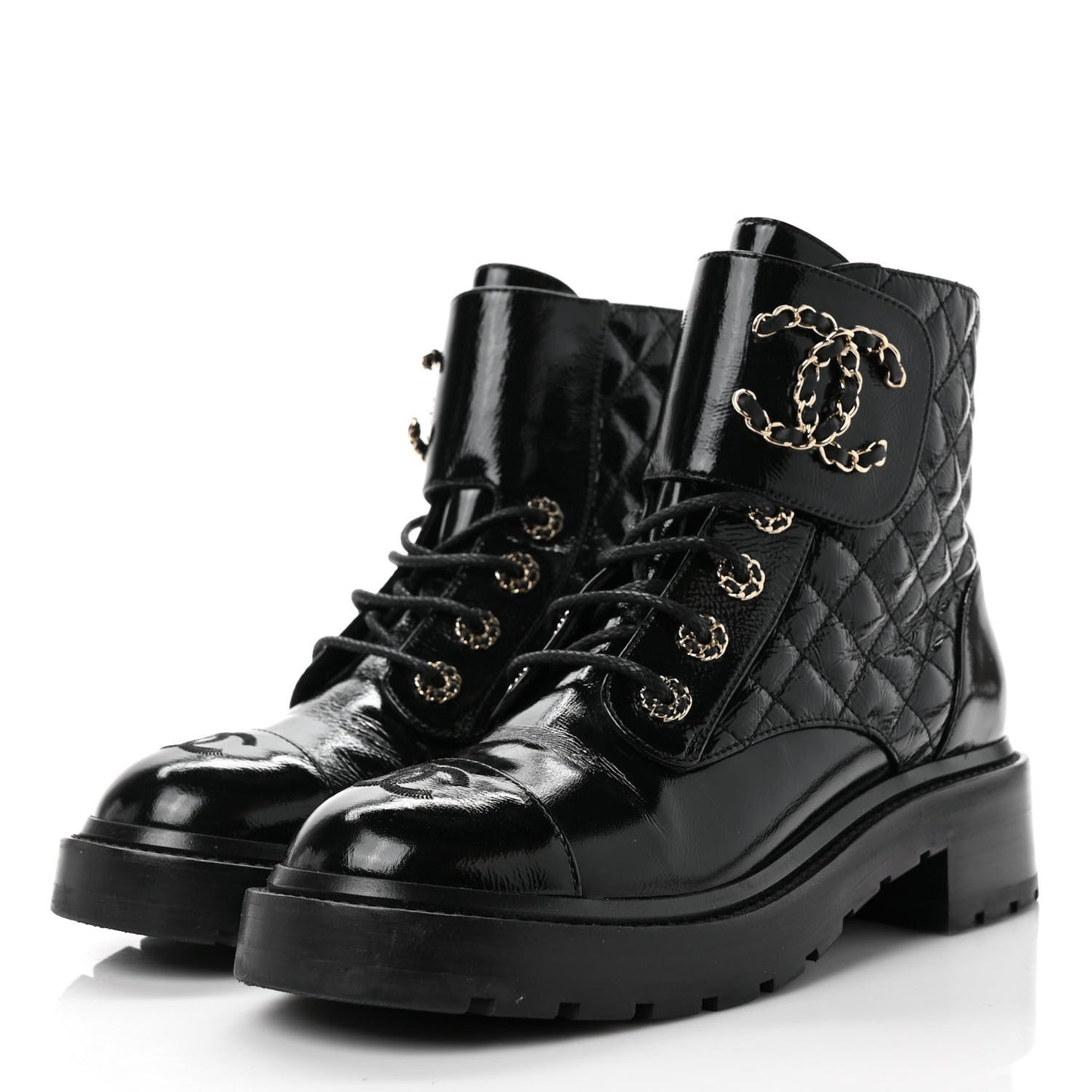 Shiny Calfskin Quilted Lace Up Combat Boots 37.5 Black