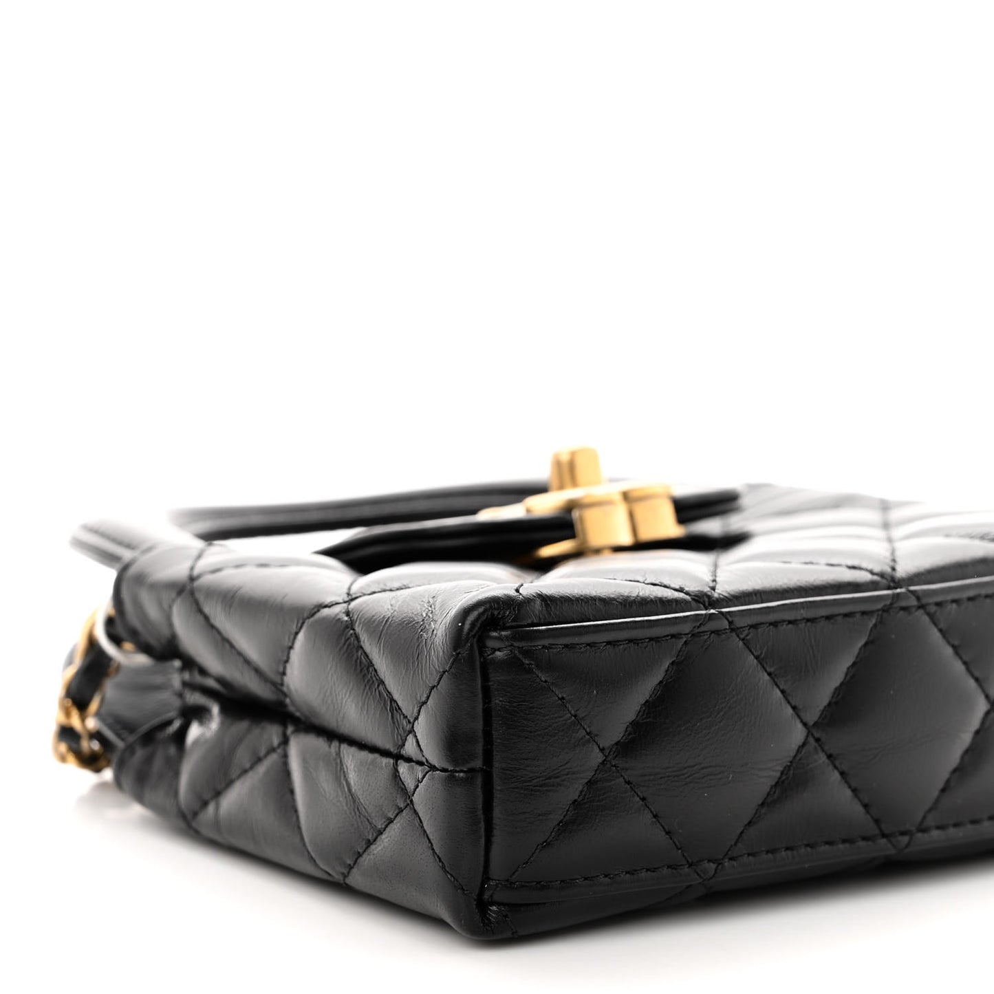 Shiny Aged Calfskin Quilted Mini Nano Kelly Shopper Black