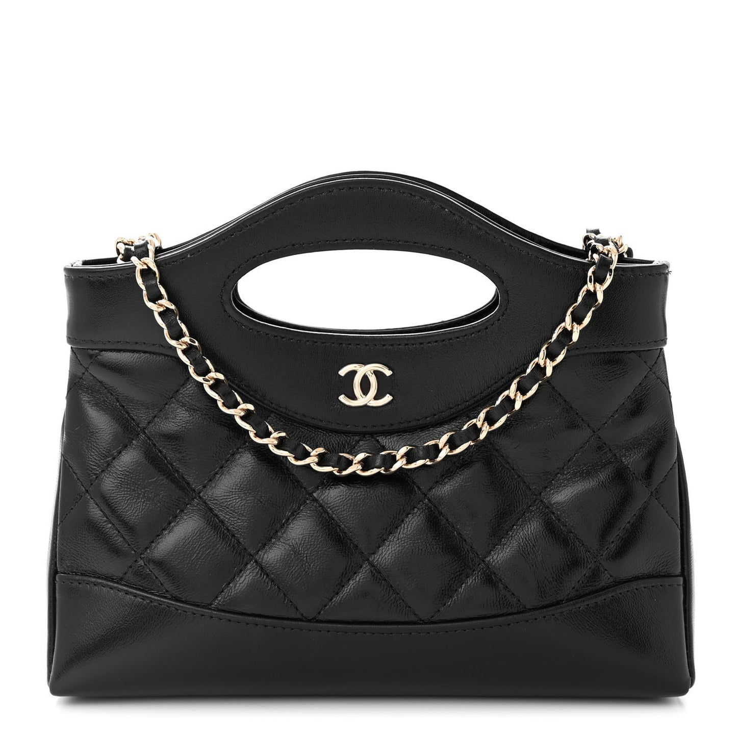 Shiny Crumpled Calfskin Quilted Nano 31 Shopping Bag Black