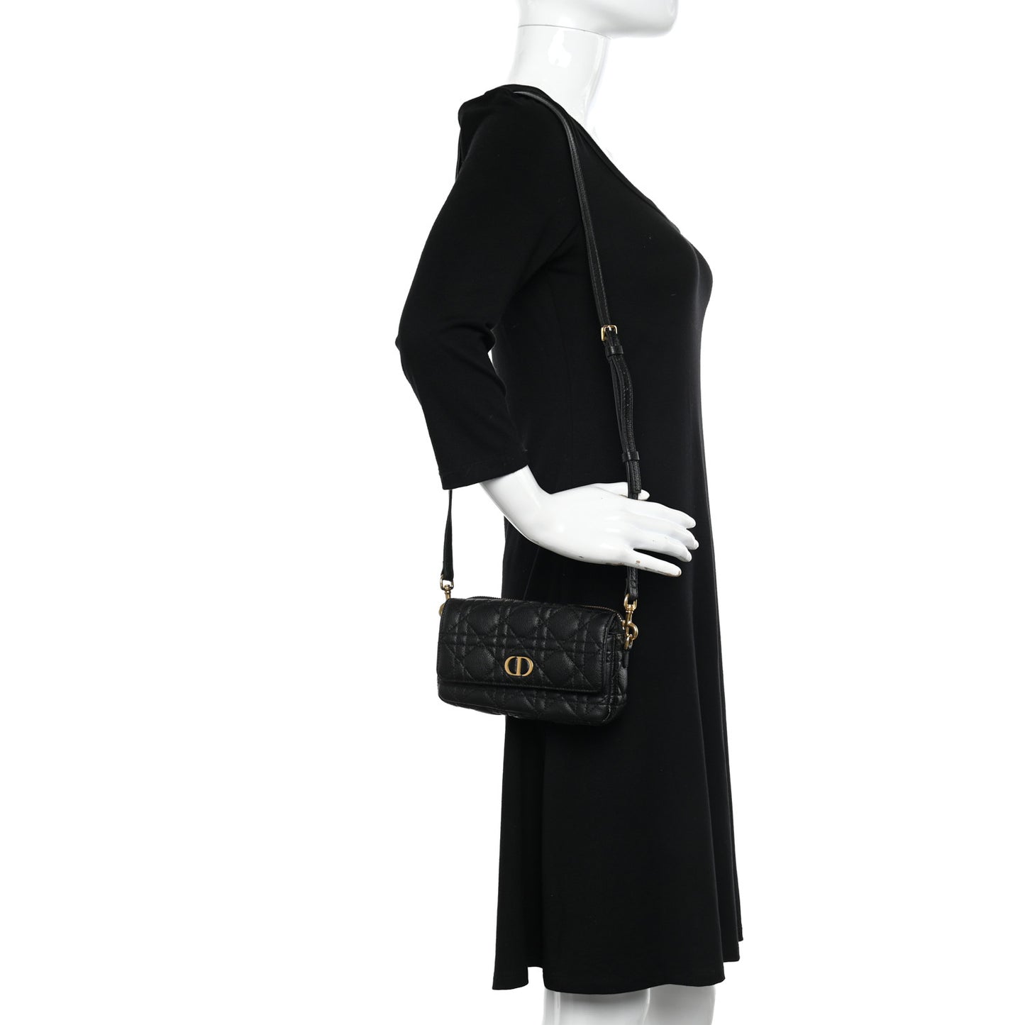 Supple Calfskin Cannage Caro Pouch with Chain Black