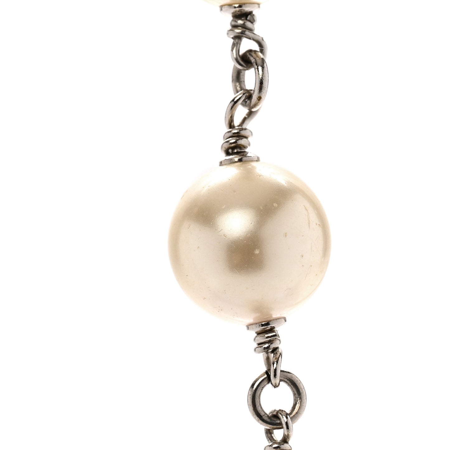 Pearl Baguette Crystal CC Long Necklace Silver