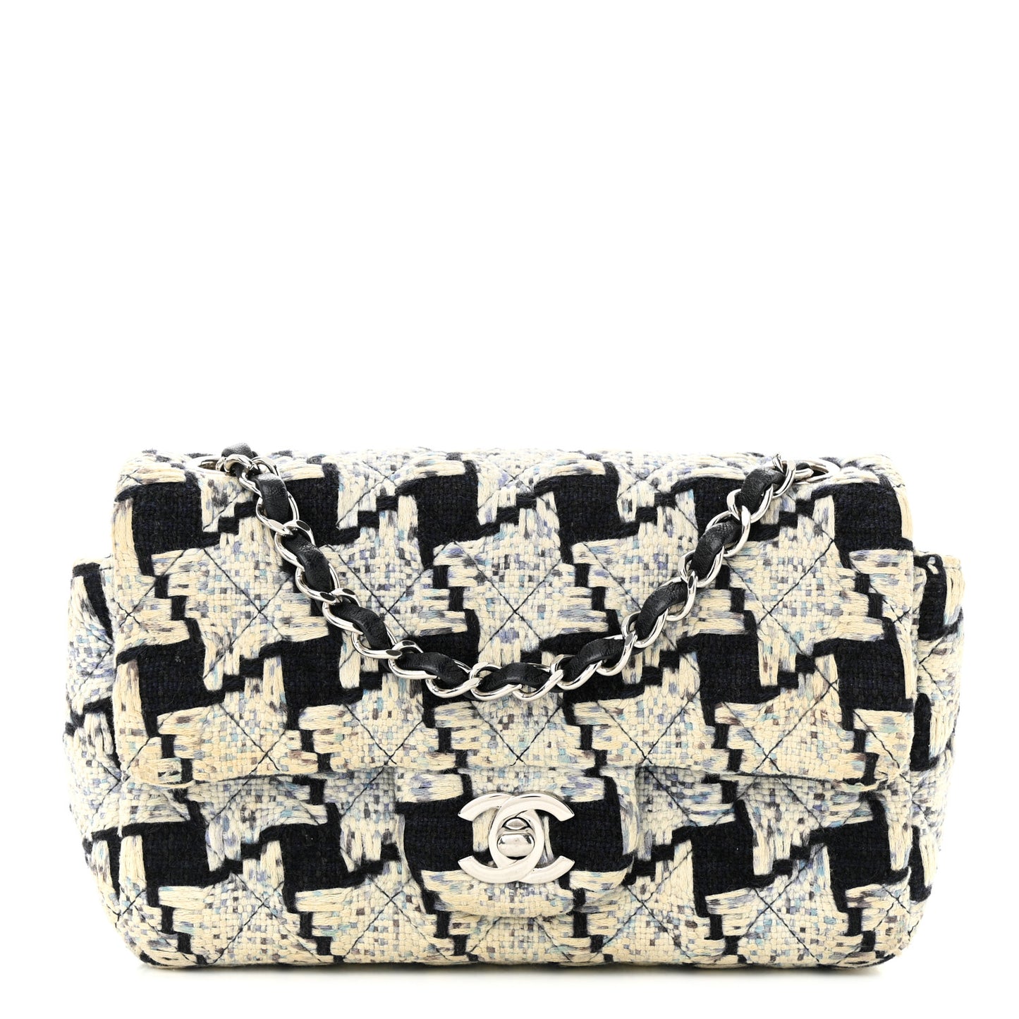 Tweed Quilted Mini Rectangular Flap Black Ecru White Blue