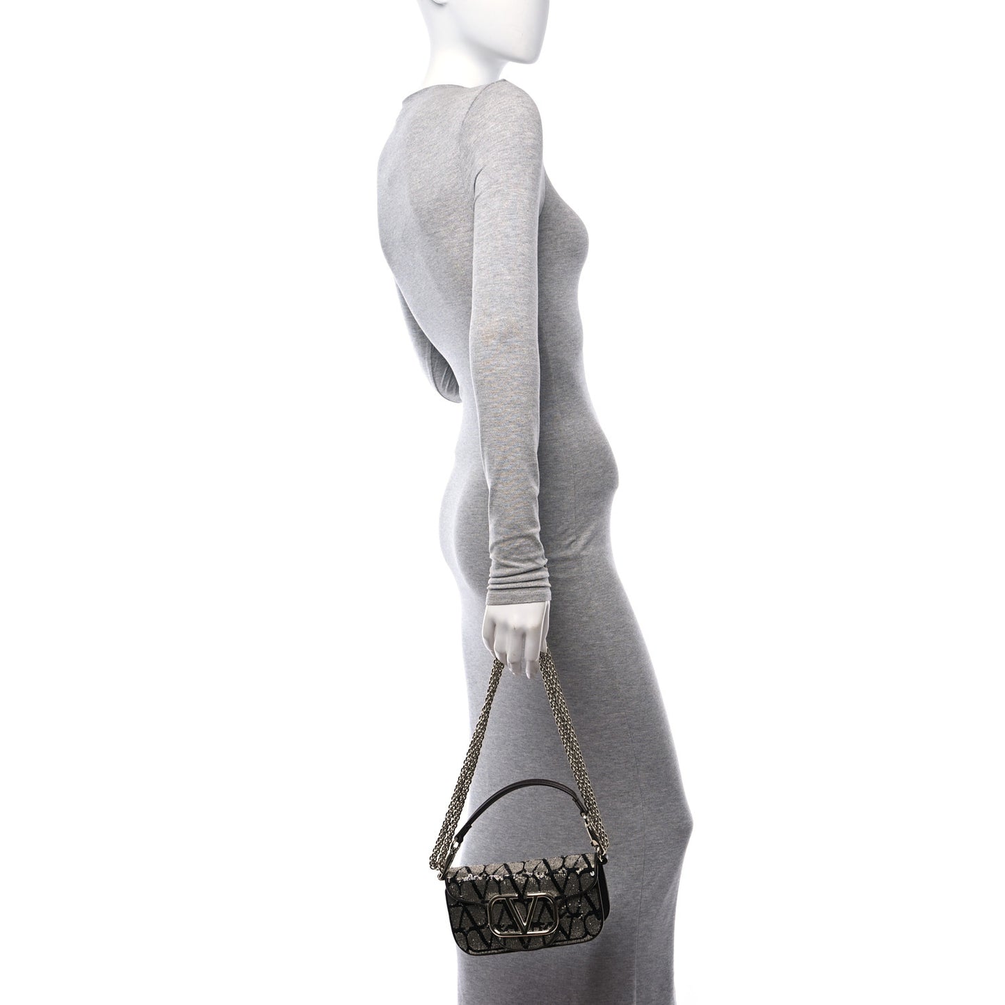 Sequins Toile Iconographe Calfskin Beaded Vlogo Small Loco Shoulder Bag Argento Black Fondant