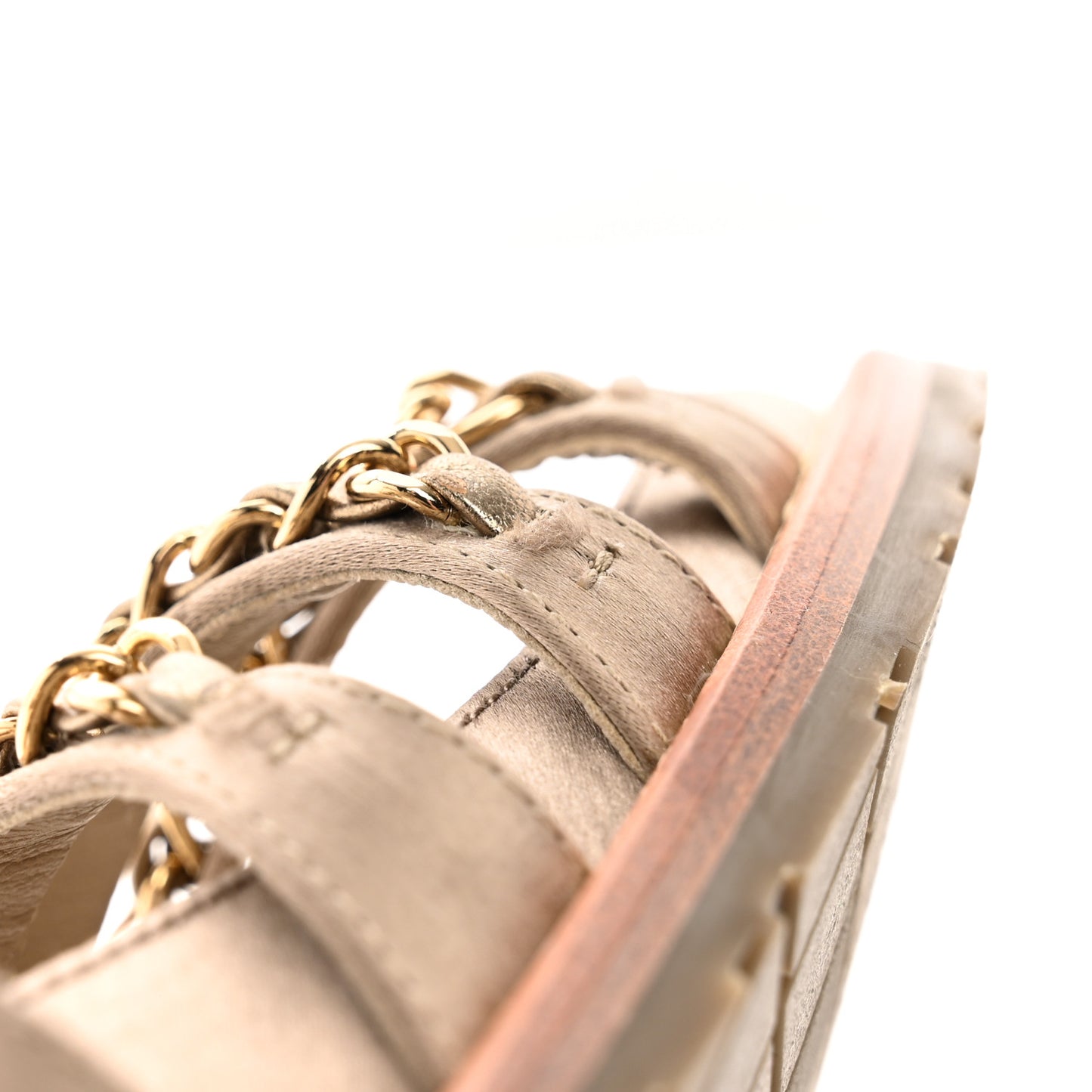 Satin Lambskin Chain Flat Sandals 41 Light Gold
