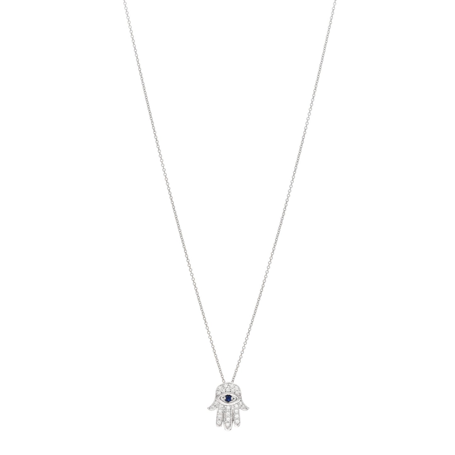 18K White Gold Diamond Blue Sapphire Hamsa Pendant Necklace