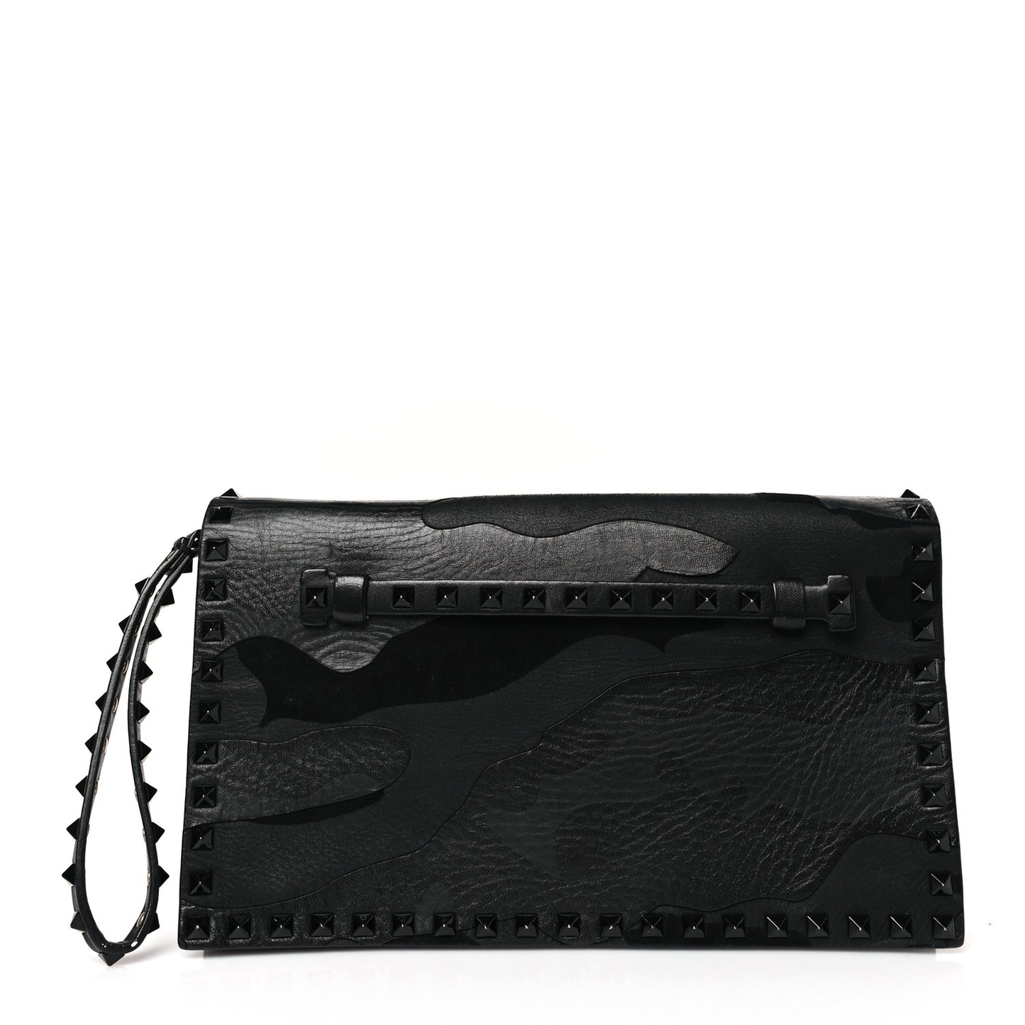 Nappa Canvas Camouflage Rockstud Wristlet Clutch Black