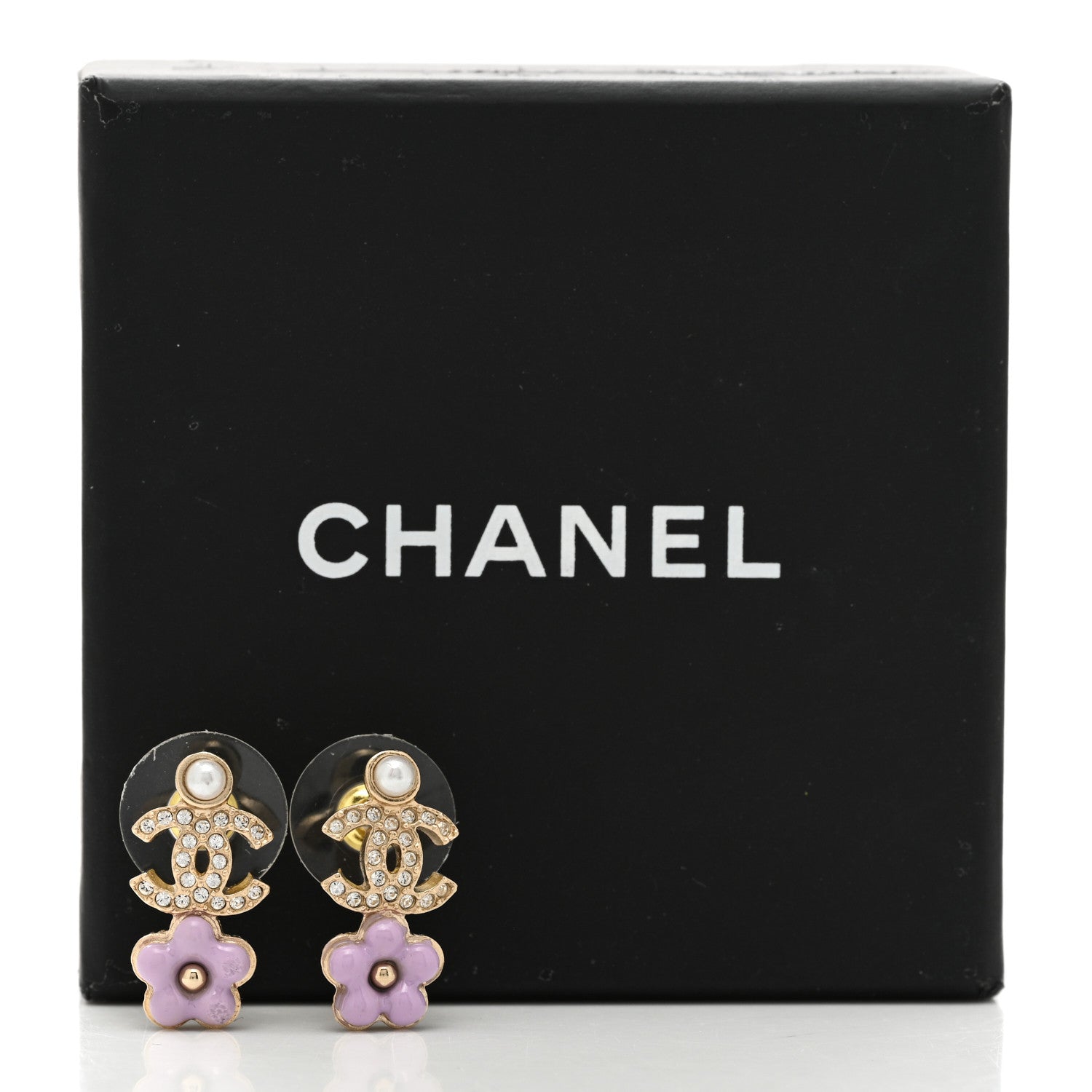 Chanel Crystal Pearl CC Flower Earrings Purple Gold 5 of 5