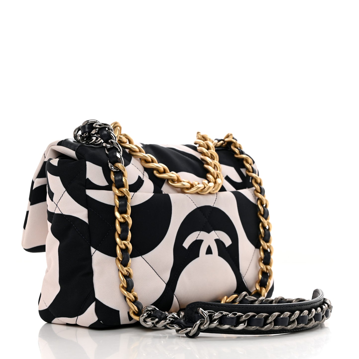 Fabric Printed Large Chanel 19 Flap Black Ecru