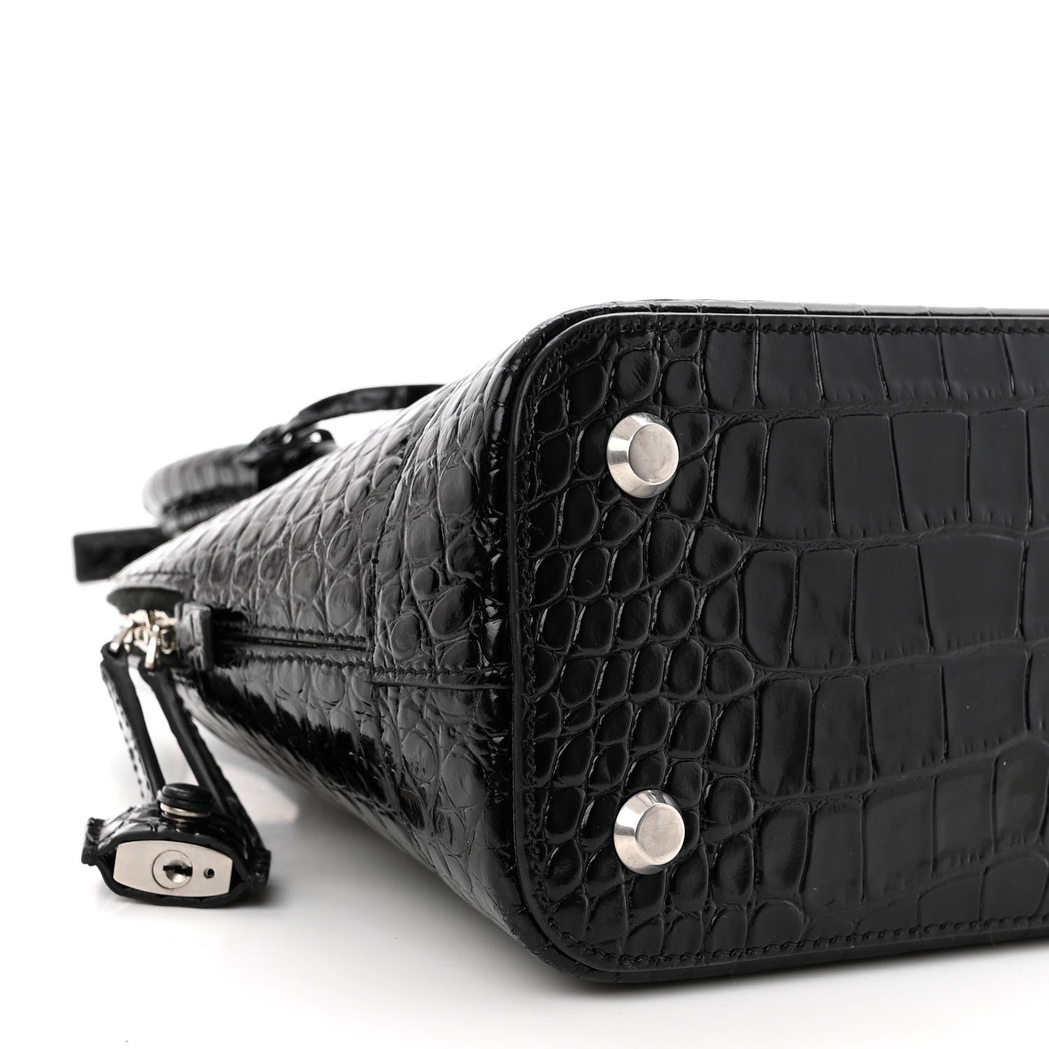 Balenciaga Shiny Calfskin Logo Crocodile Embossed S Ville Top Handle Bag Black White 8 of 10