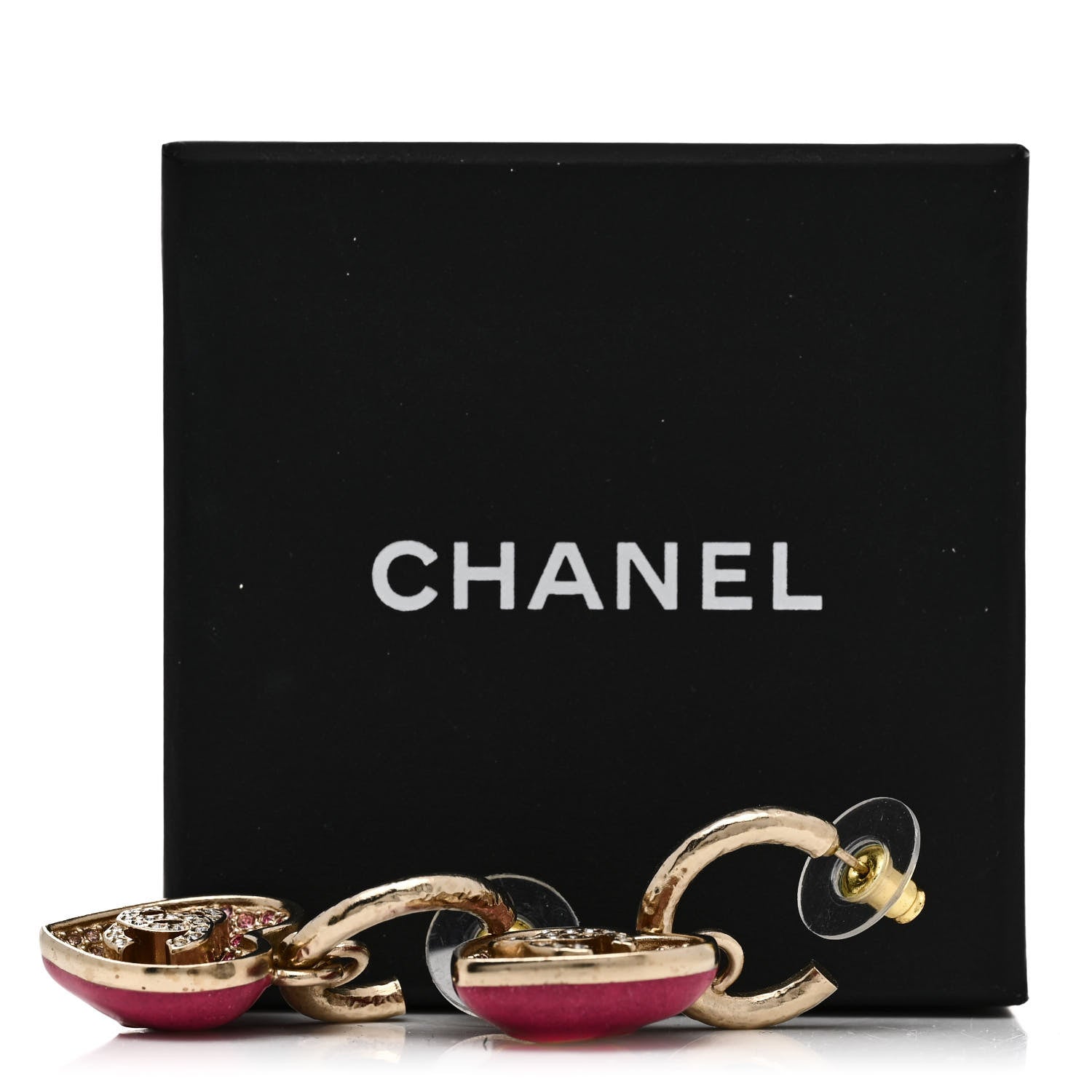 Chanel Crystal Resin CC Heart Drop Hoop Earrings Pink Gold 6 of 6