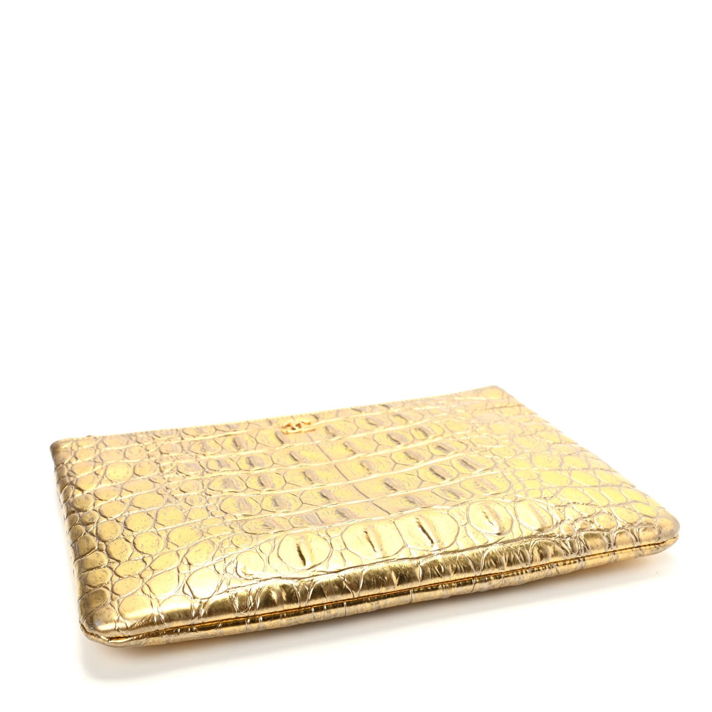 Metallic Calfskin Crocodile Embossed Medium Cocodile Cosmetic Case Gold