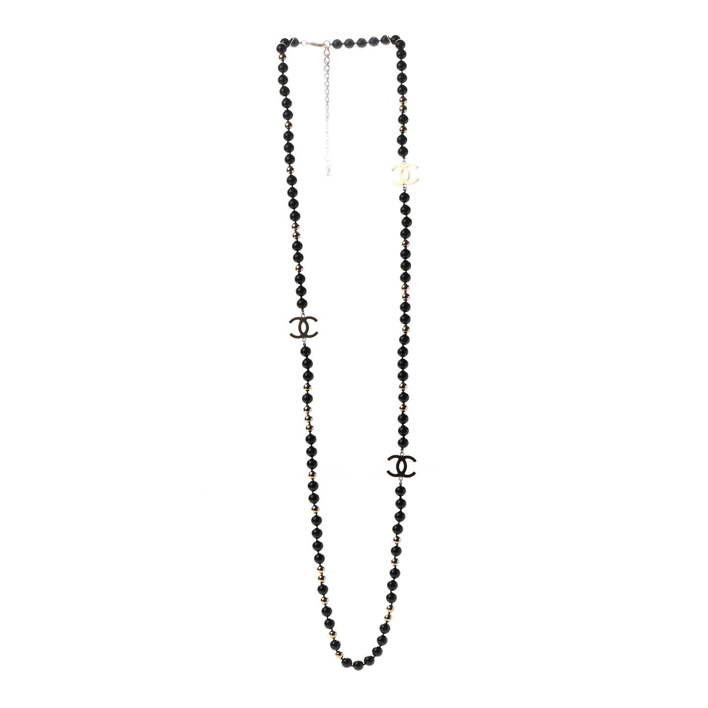Beaded CC Long Necklace Black Gold