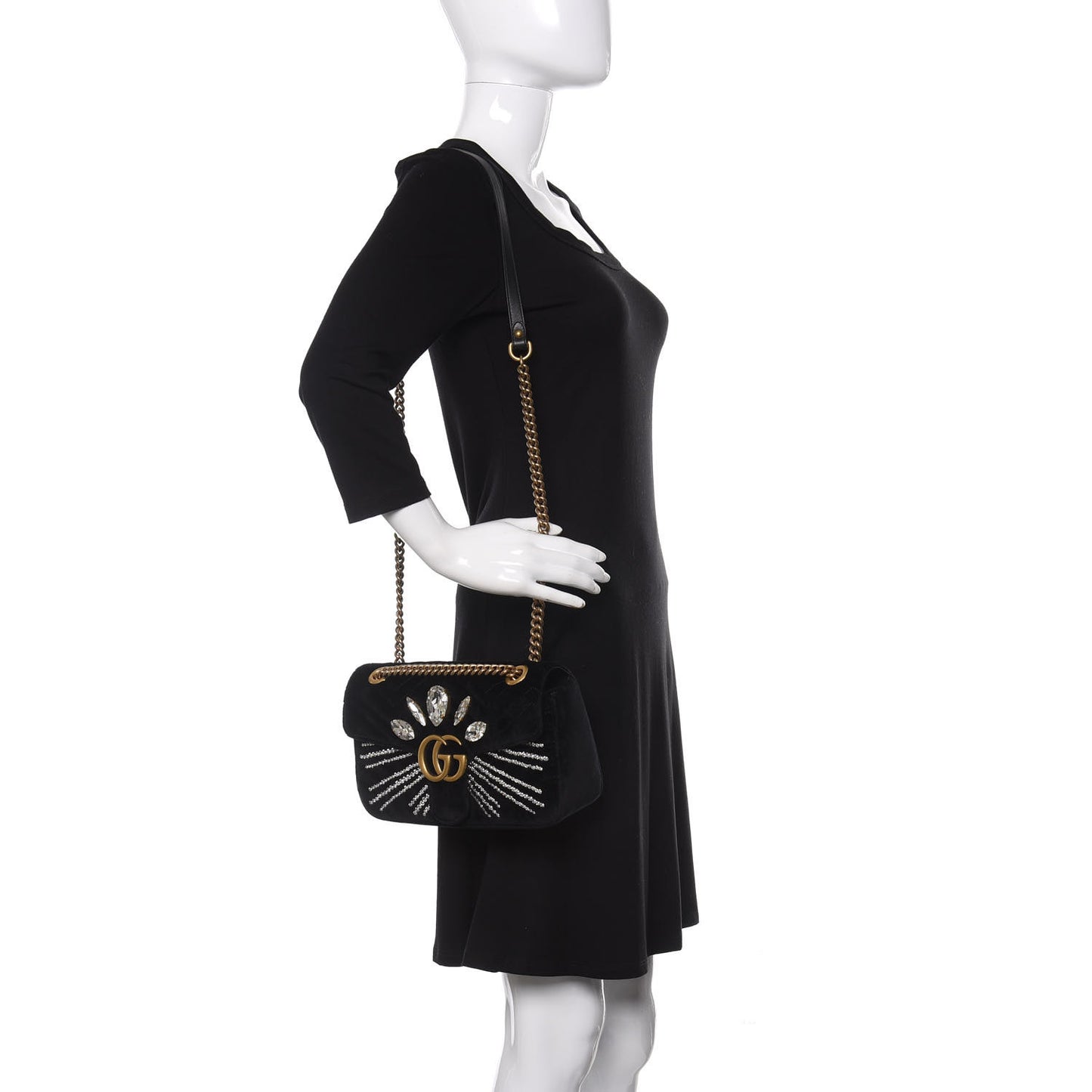 Velvet Matelasse Marquise Crystals Embroidered Small GG Marmont Shoulder Bag Black