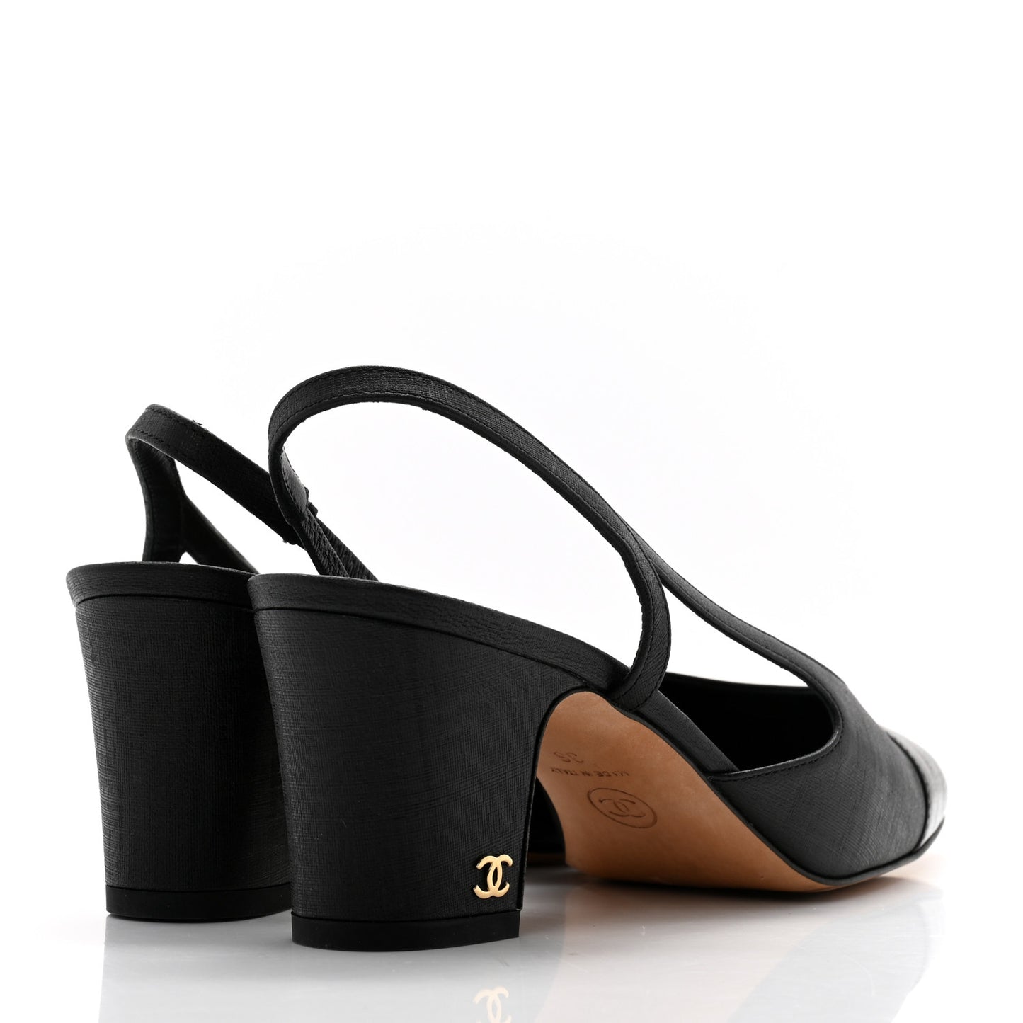 Textured Calfskin Glazed Goatskin Cap CC Slingback Pumps 36 Black