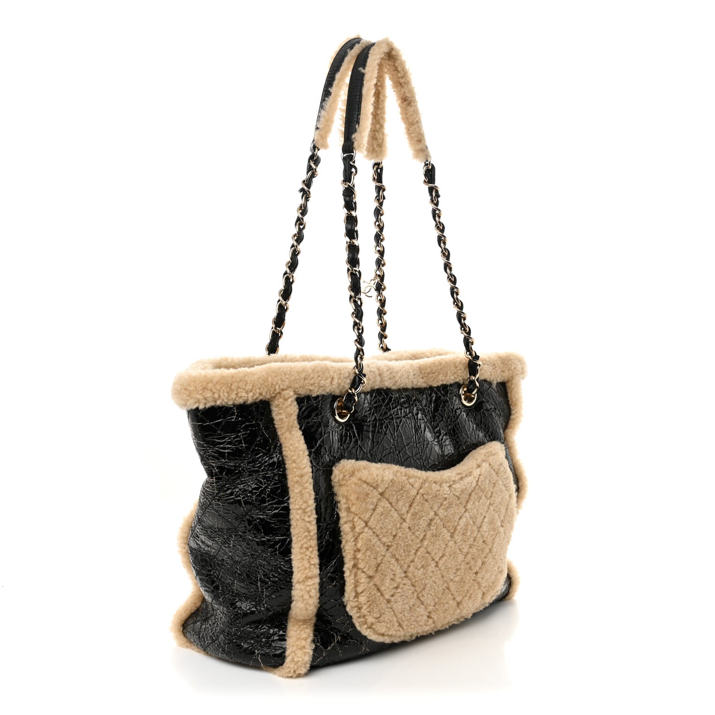 Shiny Crumpled Sheepskin Shearling CC Mania Tote Bag Black Beige