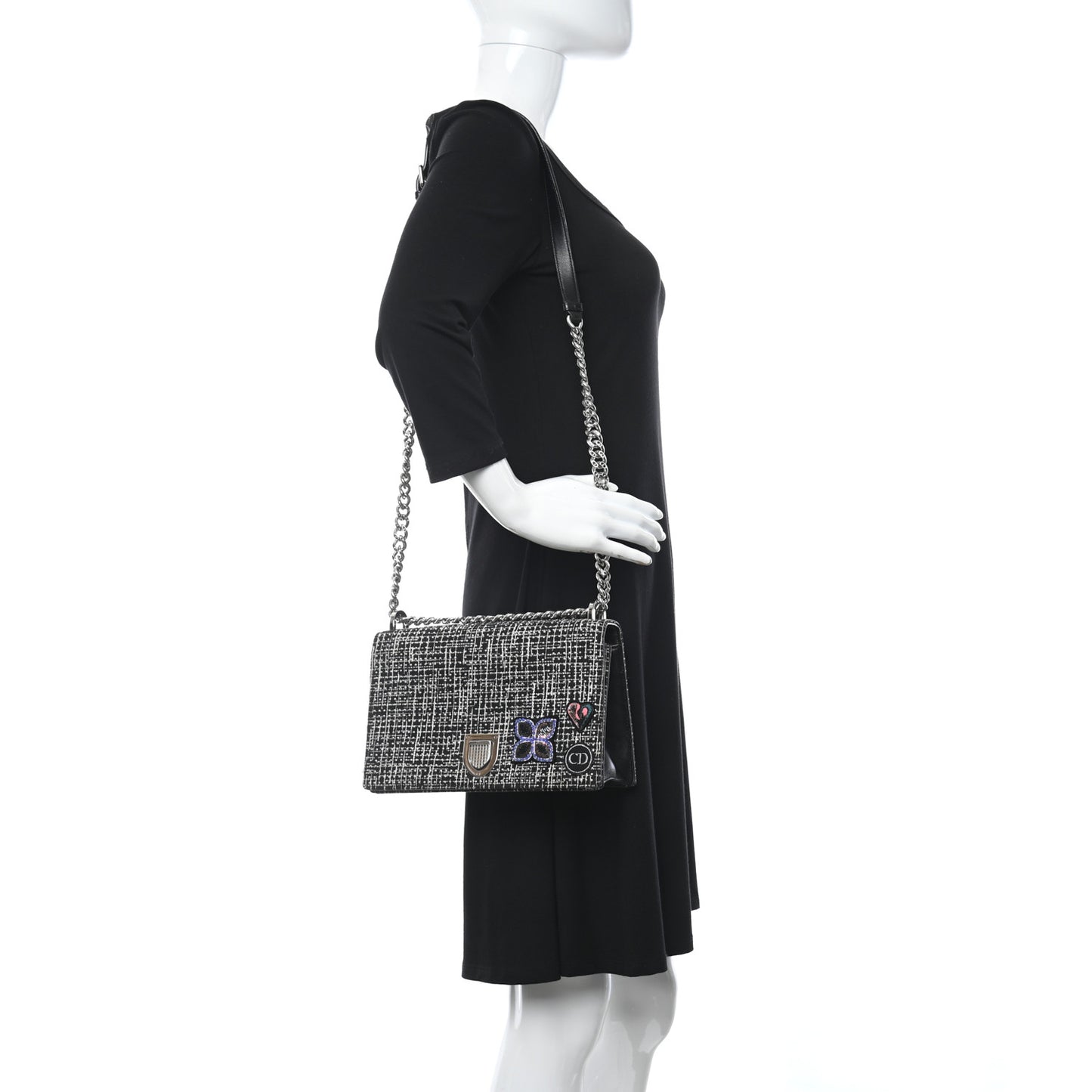 Tweed Embellished Diorama Flap Bag Black White