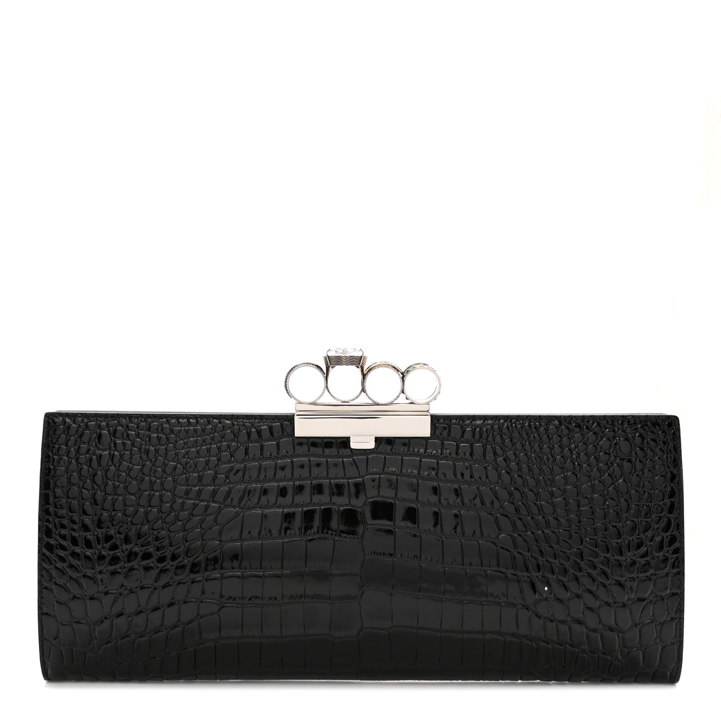 ALEXANDER MCQUEEN Calfskin Crocodile Embossed Knuckle Flat Clutch Black