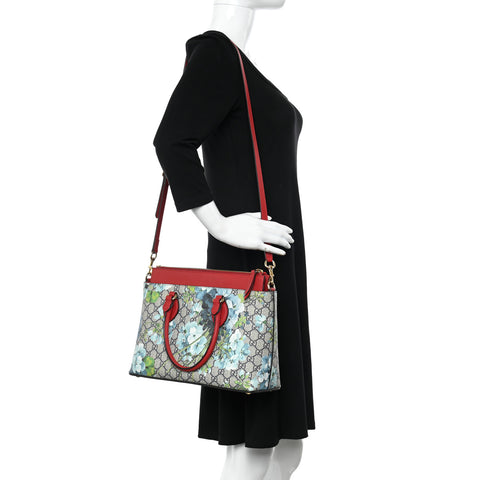 GG Supreme Monogram Blooms Medium Zip Top Tote Beige Blue Navy Hibiscus Red