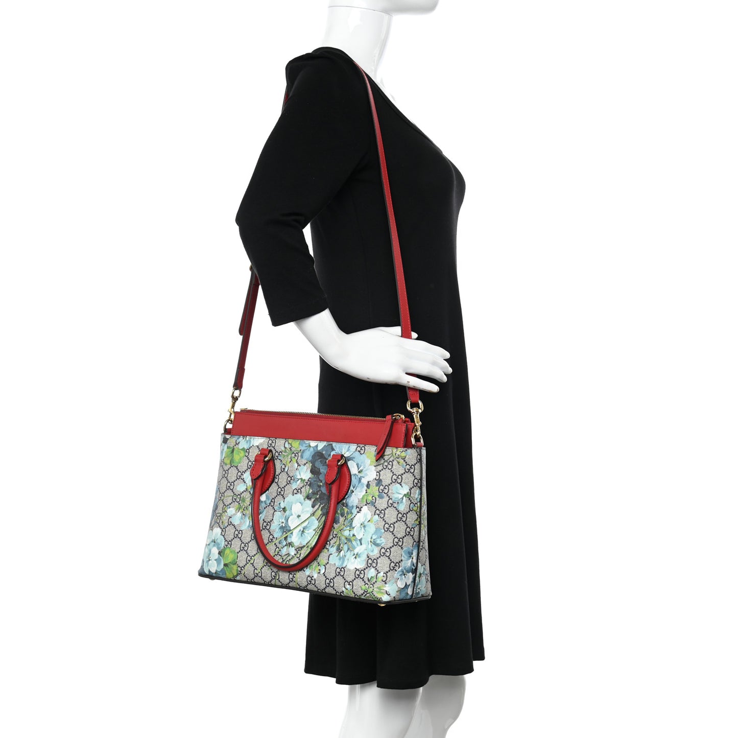 GG Supreme Monogram Blooms Medium Zip Top Tote Beige Blue Navy Hibiscus Red