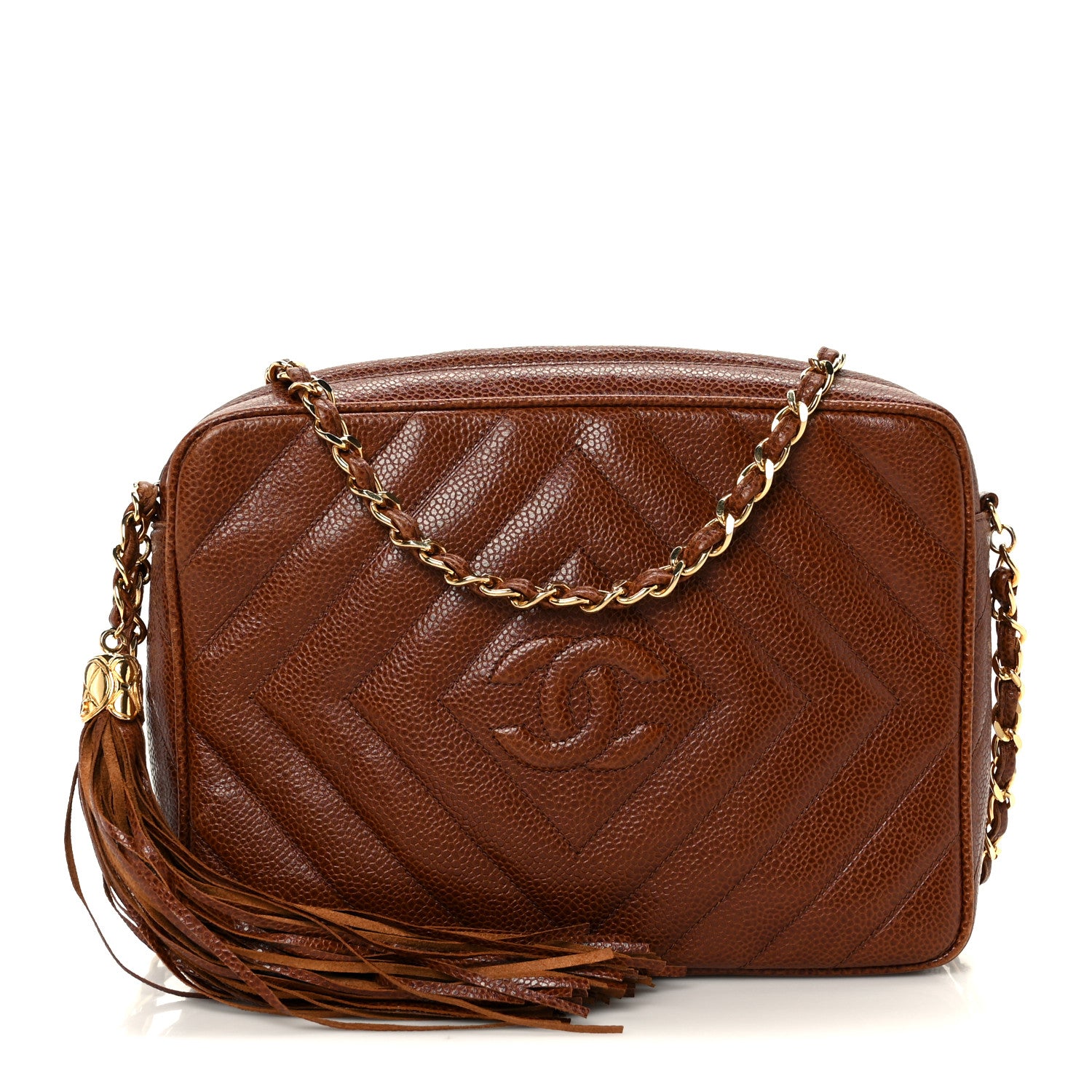 Chanel Caviar Chevron Quilted Tassel Camera Case Brown 1831449